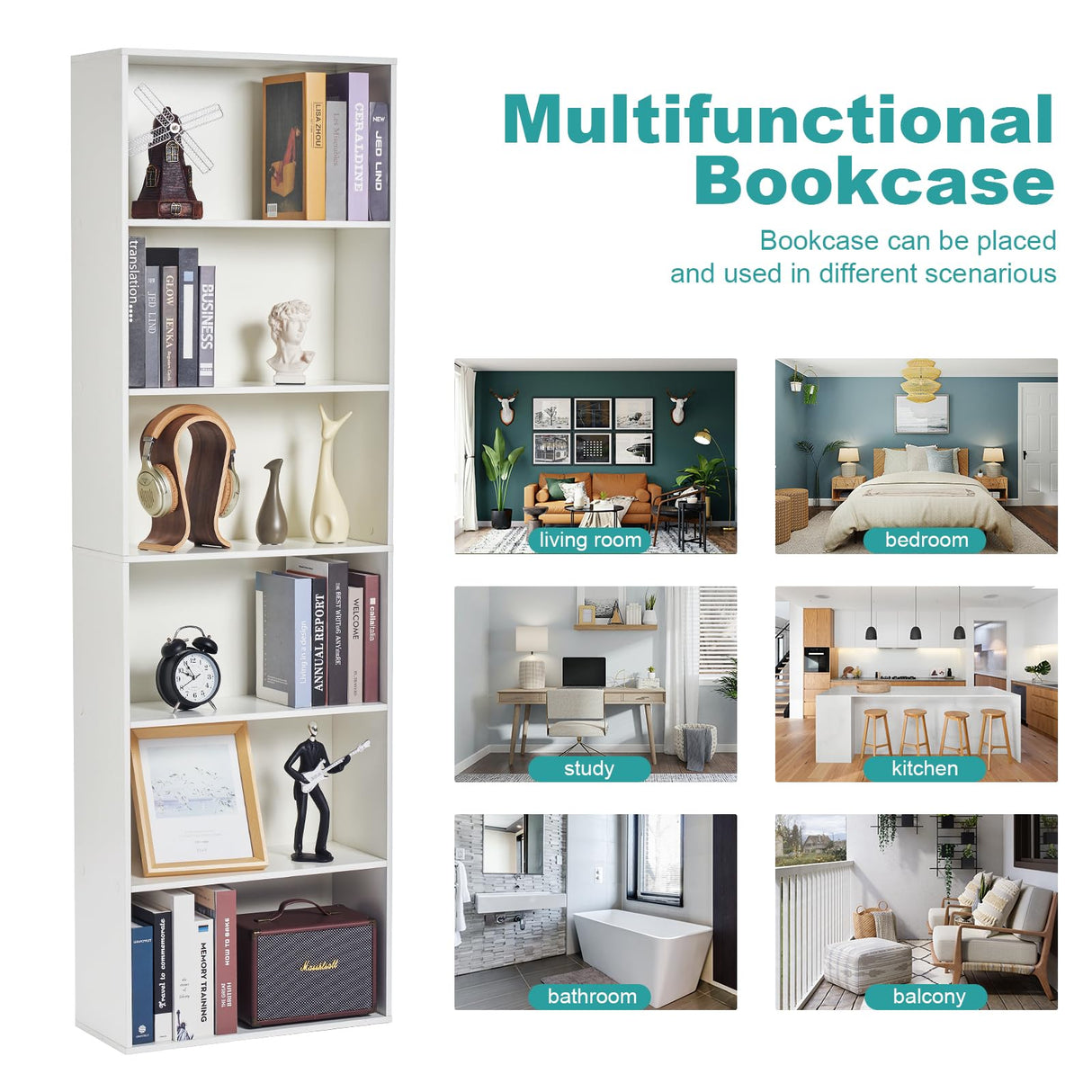 OneBlis 6-Tier Book Shelf, Floor Standing Open Bookcase, Wooden Display Storage Shelves with Anti-Tipping Device, 71" Tall Bookshelf for Bedroom, Living Room and Office, White OneBlis