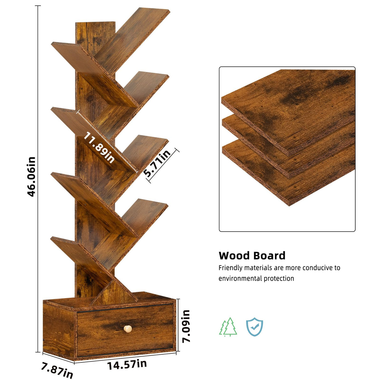SHEEPAM 8-Tier Tree Bookshelf with Drawer - Rustic Brown Free Standing Bookcase for Small Spaces SHEEPAM