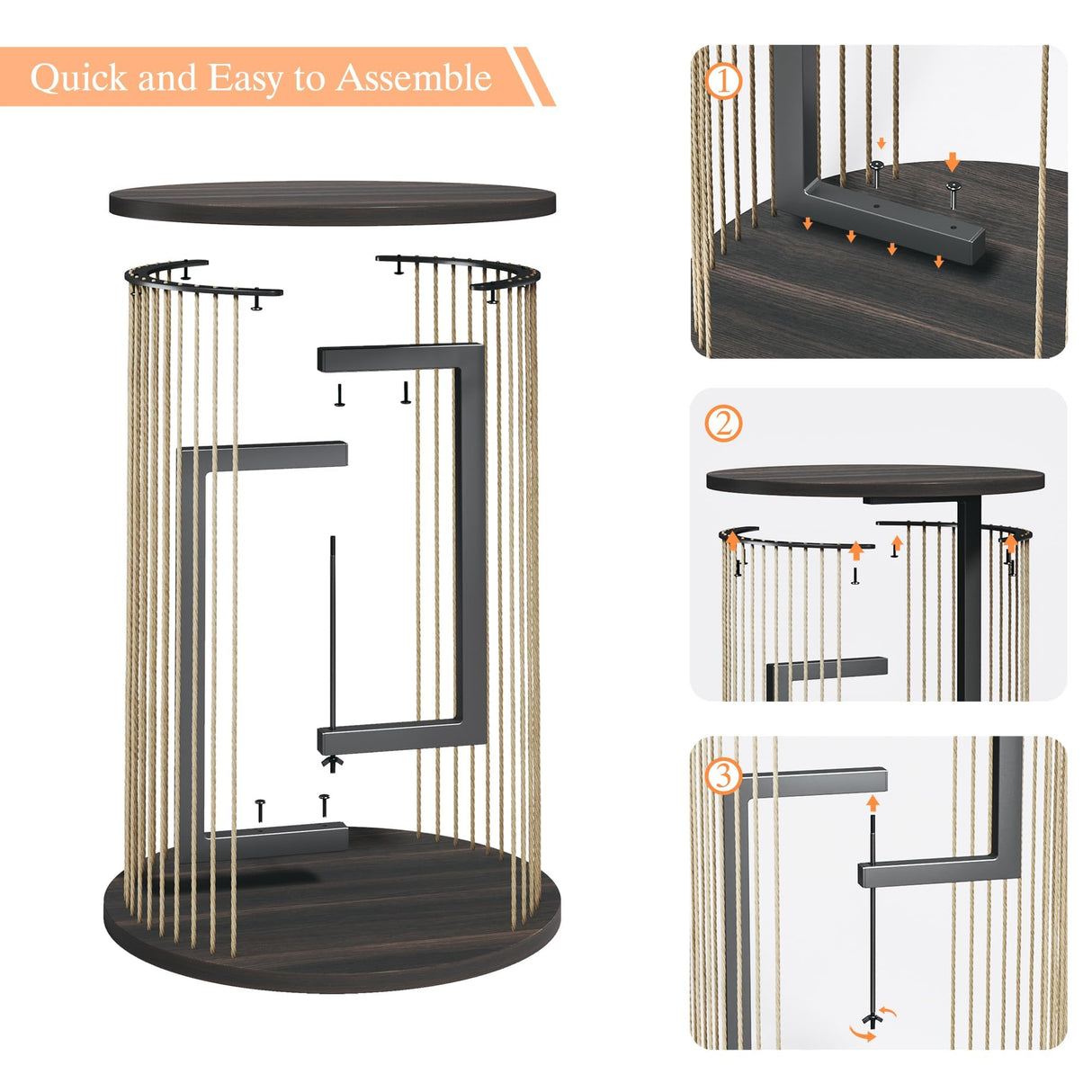 Side Table, Round End Table for Living Room, Bedroom, Black LED Nightstand with Twine Rope Design, Mid Century Modern Wood Accent Coffee Table, Antique Nightstand HUAHUU