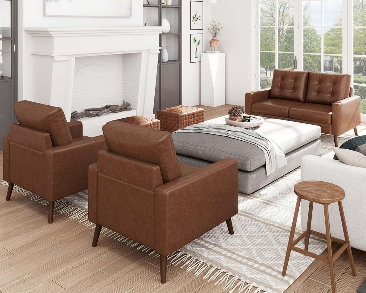 HNY Mid Century Modern 53” Loveseat Sofa, Comfy Upholstered Button Tufted Faux Leather 2 Seater Small Sofa Couch, Lounge Sleeper Love Seats for Small Spaces Living Room Apartment Bedroom, Brown HNY