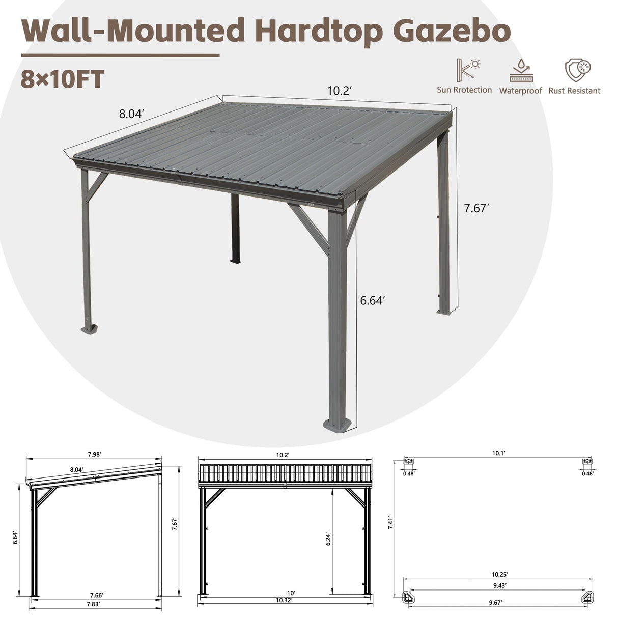 Domi 8' x10' Lean to Gazebo with Upgraded Drainage System, Wall Mounted Gazebo Hardtop Galvanized Steel Sloping Roof for Patio Deck Backyard Lawn Party(Gray) domi outdoor living