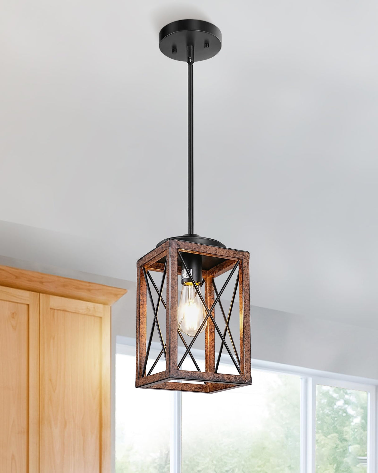 DEWENWILS Farmhouse Pendant Light, Metal Hanging Light Fixture with Wooden Grain Finish, 48 Inch Adjustable Pipes for Flat and Slop Ceiling, Kitchen Island, Bedroom, Dining Hall, E26 Base DEWENWILS