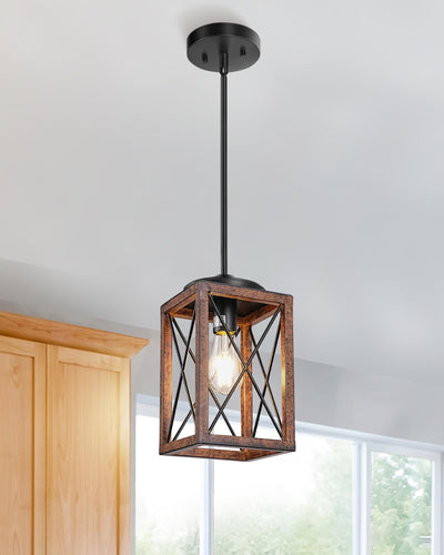 DEWENWILS Farmhouse Pendant Light, Metal Hanging Light Fixture with Wooden Grain Finish, 48 Inch Adjustable Pipes for Flat and Slop Ceiling, Kitchen Island, Bedroom, Dining Hall, E26 Base