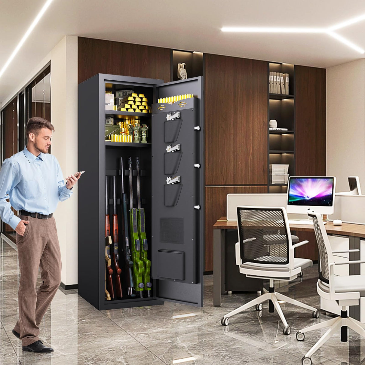 8-12 Gun Safe for Rifles and Pistols,Biometric Fingerprint Lock,No Assembly Required,Fireproof Gun Safe for Home with Removable Gun Shelf,Alarm System,Silent Mode (57"H × 12"D × 14"W) ZZXCBB