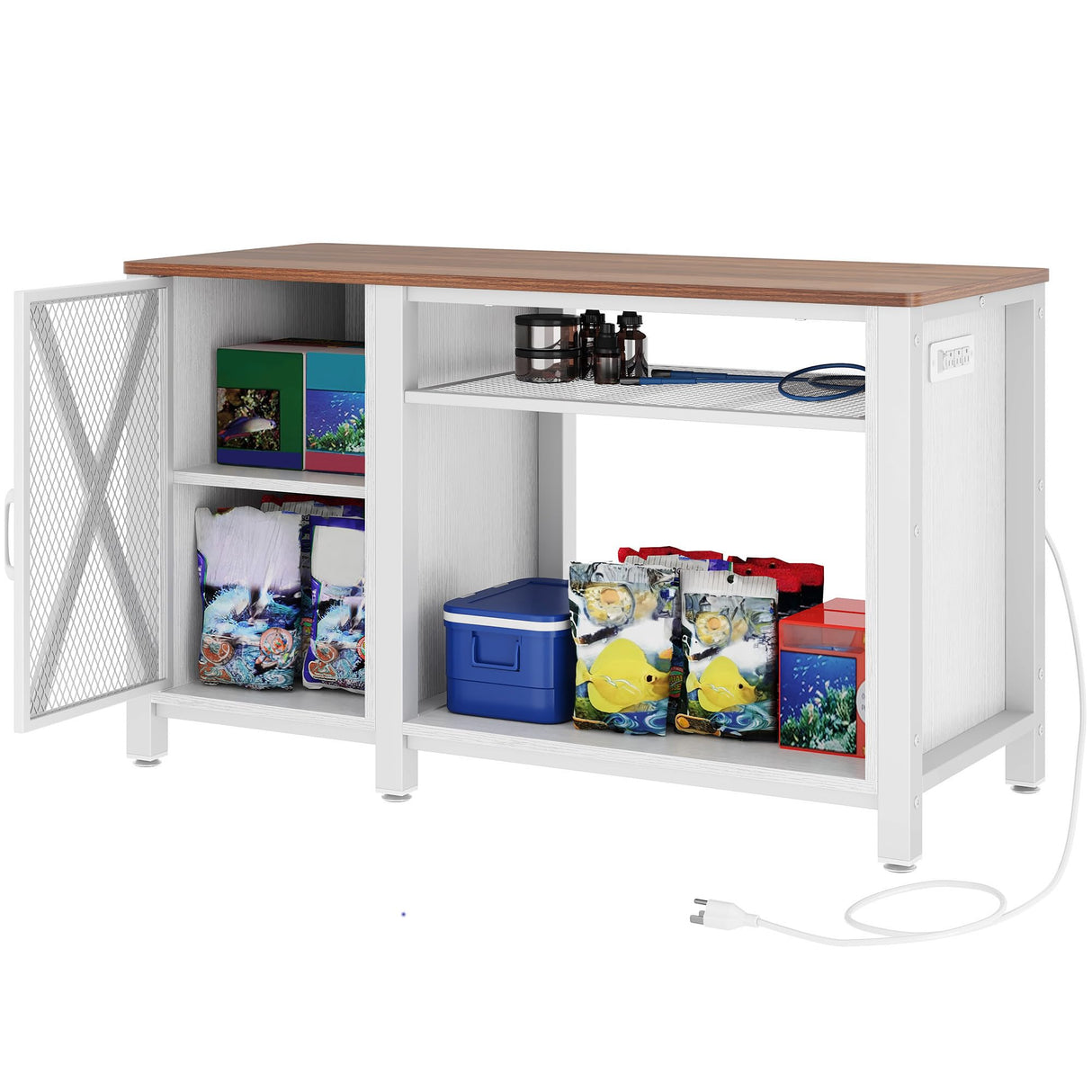 DWVO Heavy Duty Metal Aquarium Stand with Power Outlets, Cabinet for Fish Tank Accessories Storage - Suitable for 55-75 Gallon Fish Tank Stand, Turtle Tank, 860LBS Capacity, White & Walnut DWVO