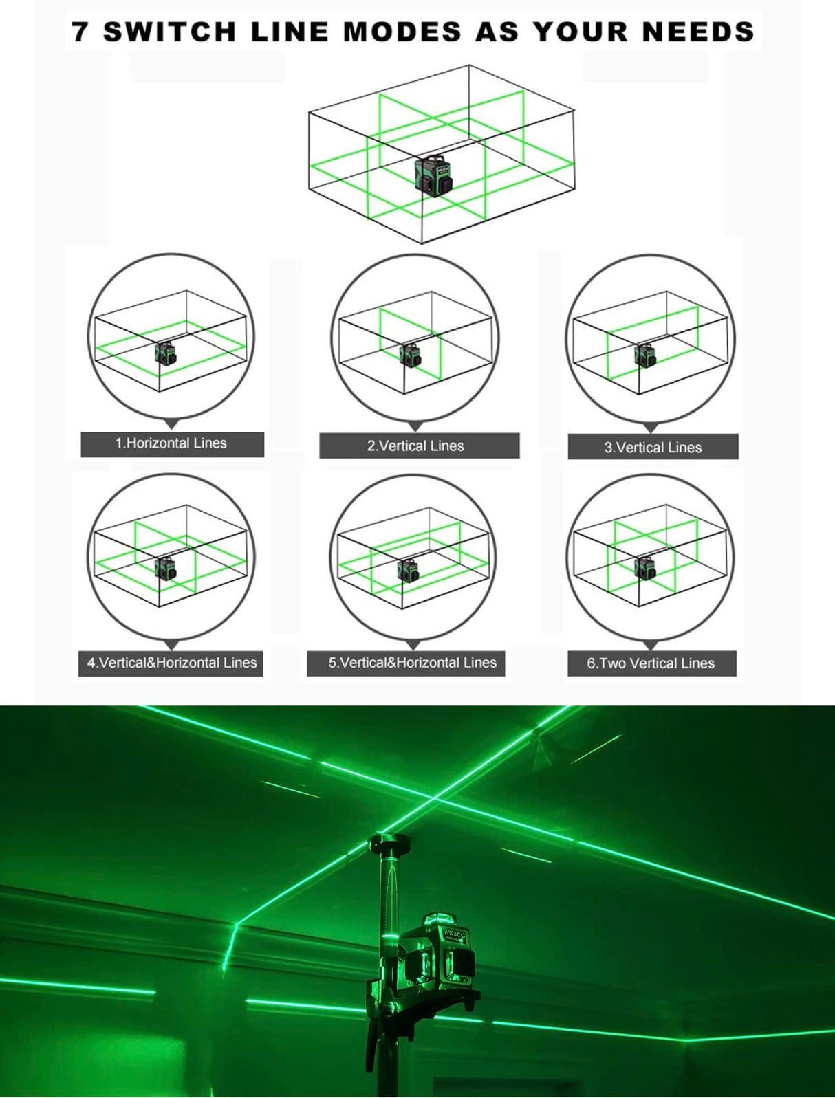 Wokeline 3x360° Rotary Laser Level Self Leveling Green beam Three Plane Cross Line Lasers 2x360° Vertical 1x360° Horizontal 12 lines Tile Ceiling Floor Lazer Levels+Flexible Magnetic Base+Li Battery WOKELINE