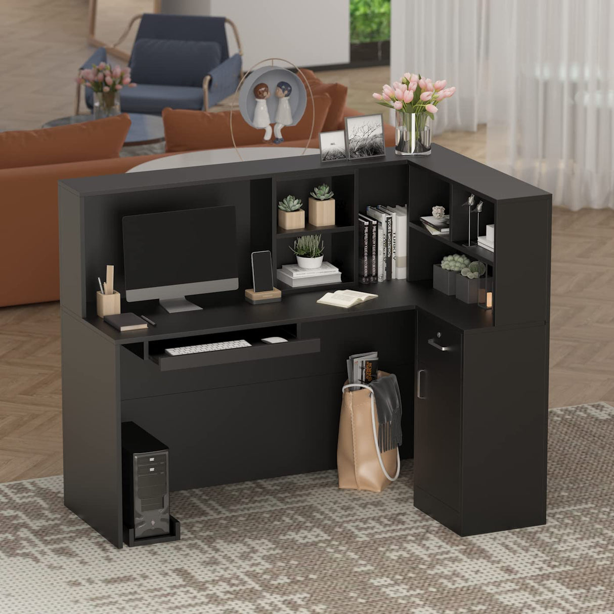 FAMAPY Modern Reception Counter, Large Storage Shelves and Drawers, Retail Counter Front Desk for Reception Room Black FAMAPY