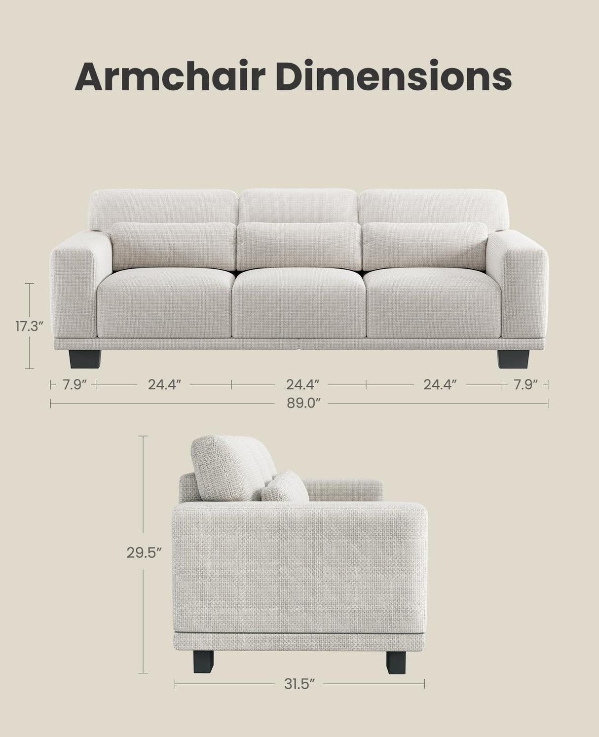 Amada 89" Sofa, 3 Seater Couch for Living Room, Modern Sofa with Deep Seats & Wide Armrests, Comfy Couch with Removable Washable Covers, Linen Fabric, Easy Assembly AMADA HOMEFURNISHING