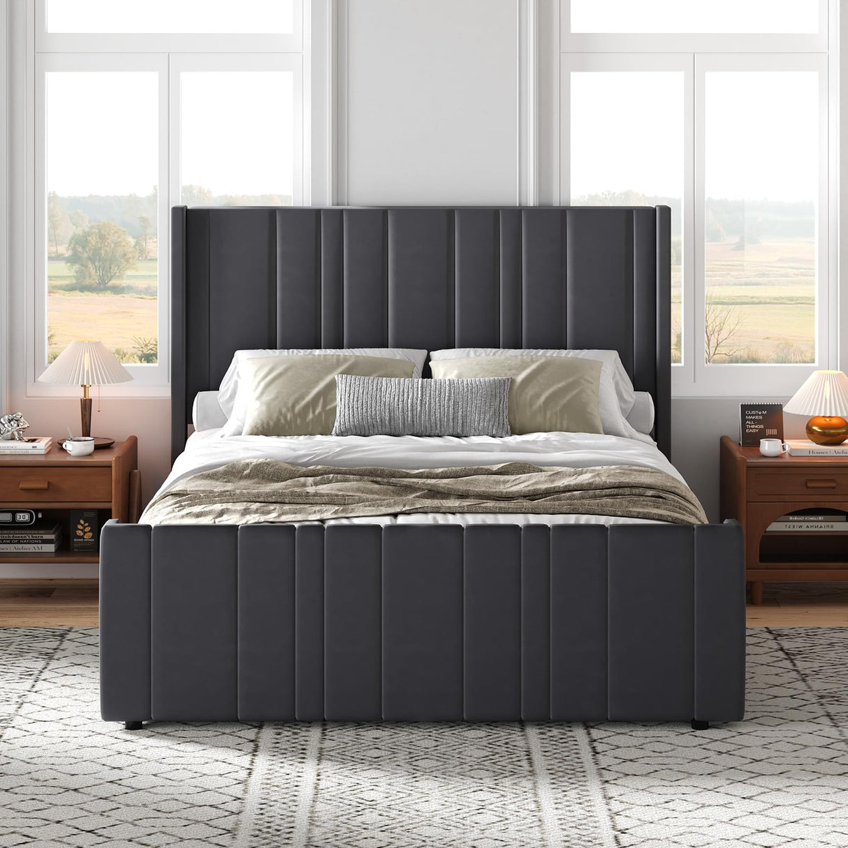 HOMBCK Full Bed Frame with Headboard, Upholstered Platform Bed Full Size with Velvet Headboard & Footboard/Vertical Channel Tufted/Wooden Slats/Noise Free/No Box Spring Needed/Easy Assembly, Grey HOMBCK