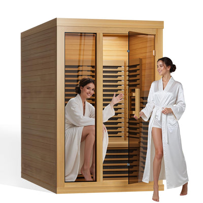 Tehanld Far Infrared Wooden Sauna Low EMF- 2 Person Personal Sauna for Home Use, Full Spectrum Infrared Sauna, Dual Tempered Glass & Bluetooth Speakers - Indoor Sauna 2000W, Natural Wood
