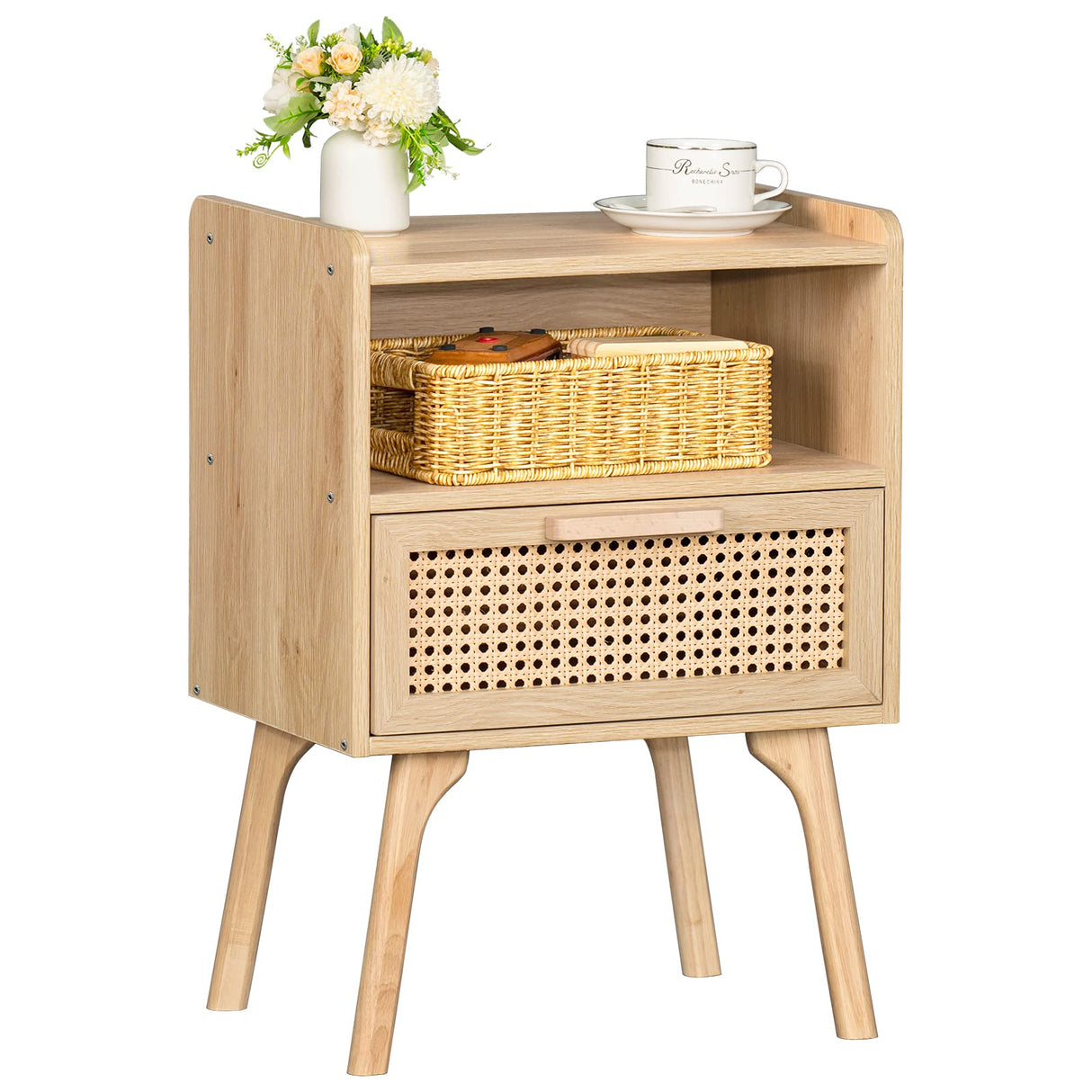 Lerliuo Rattan Nightstand, Boho Side Table with Drawer Open Shelf, Cane Accent Bedside End Table with Solid Wood Legs for Bedroom, Dorm and Small Spaces (Natural) Lerliuo