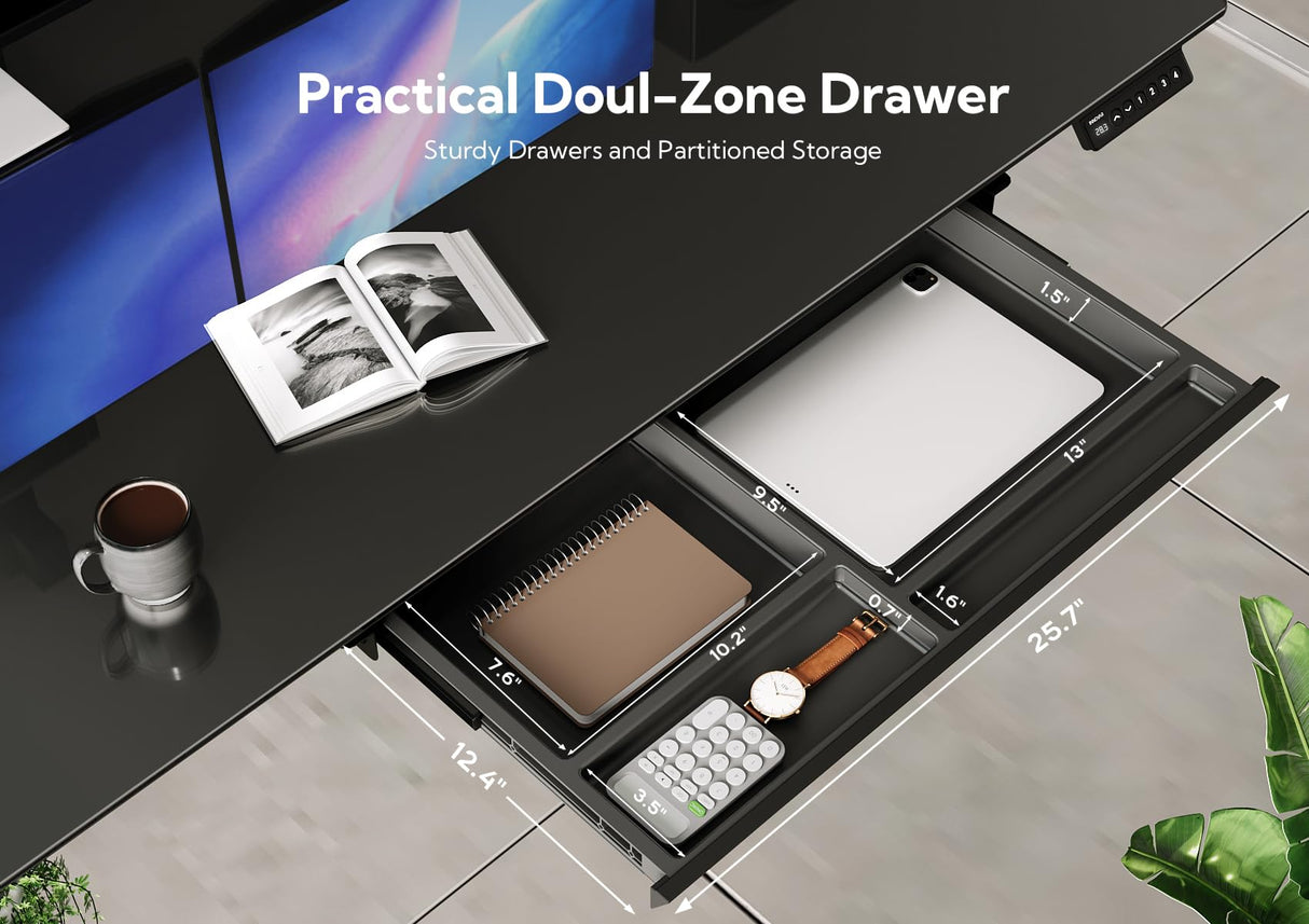 INNOVAR Glass Standing Desk with Drawers, 48×24 Inch Adjustable Stand Up Desk, Quick Install Home Office Computer Desk, Black INNOVAR