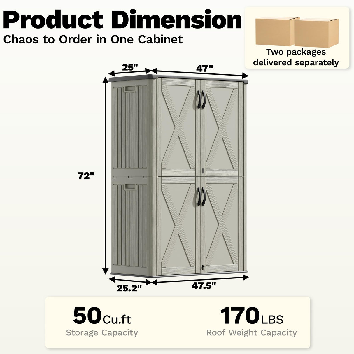 Devoko 50 cu.ft Outdoor Storage Cabinet - Vertical Resin Storage Shed - Holds Patio Furniture, Pool Toys, Garden Tools (Beige) Shelf Not Included Devoko