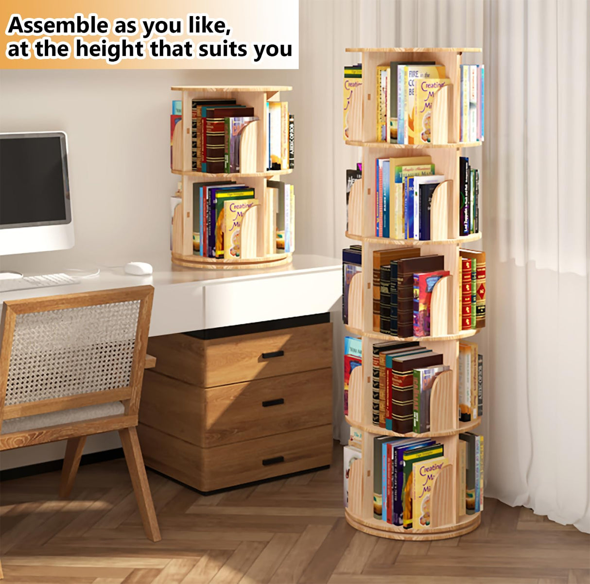 Lexza 4-Tier 360° Rotating Bookshelf - Sturdy Wood Bookcase for Kids and Adults Lexza