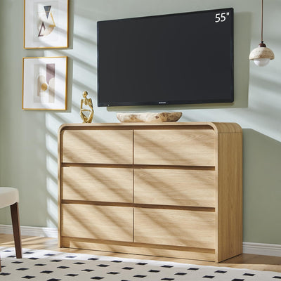 Aitjunz Modern 6 Drawers Dresser for Bedroom, 47" Wide Wood Dressers & Chests of Drawers w/Curved Profile Design, Mid Century Modern Dresser w/Natural Texture for Bedroom, Living Room, Natural Oak