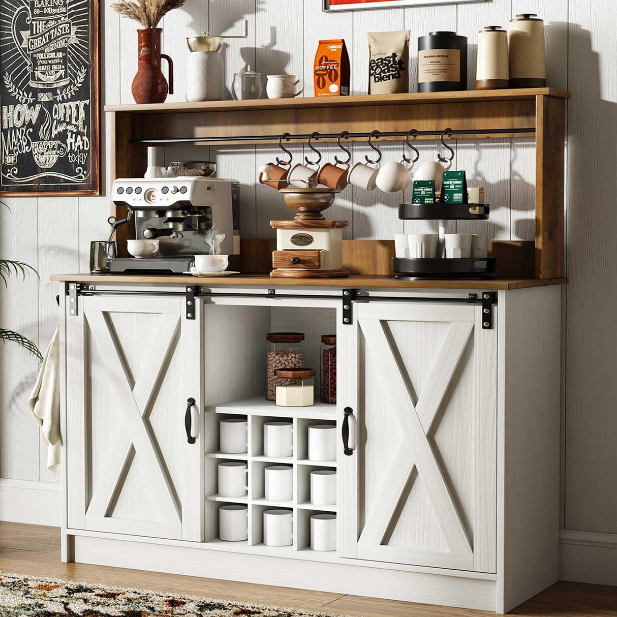 4ever2buy Farmhouse Coffee Bar Cabinet with Hutch, 47'' Kitchen Buffet Cabinet with 9 Wine Racks and 6 Hooks, Coffee Bar with Sliding Barn Door, White 4ever2buy
