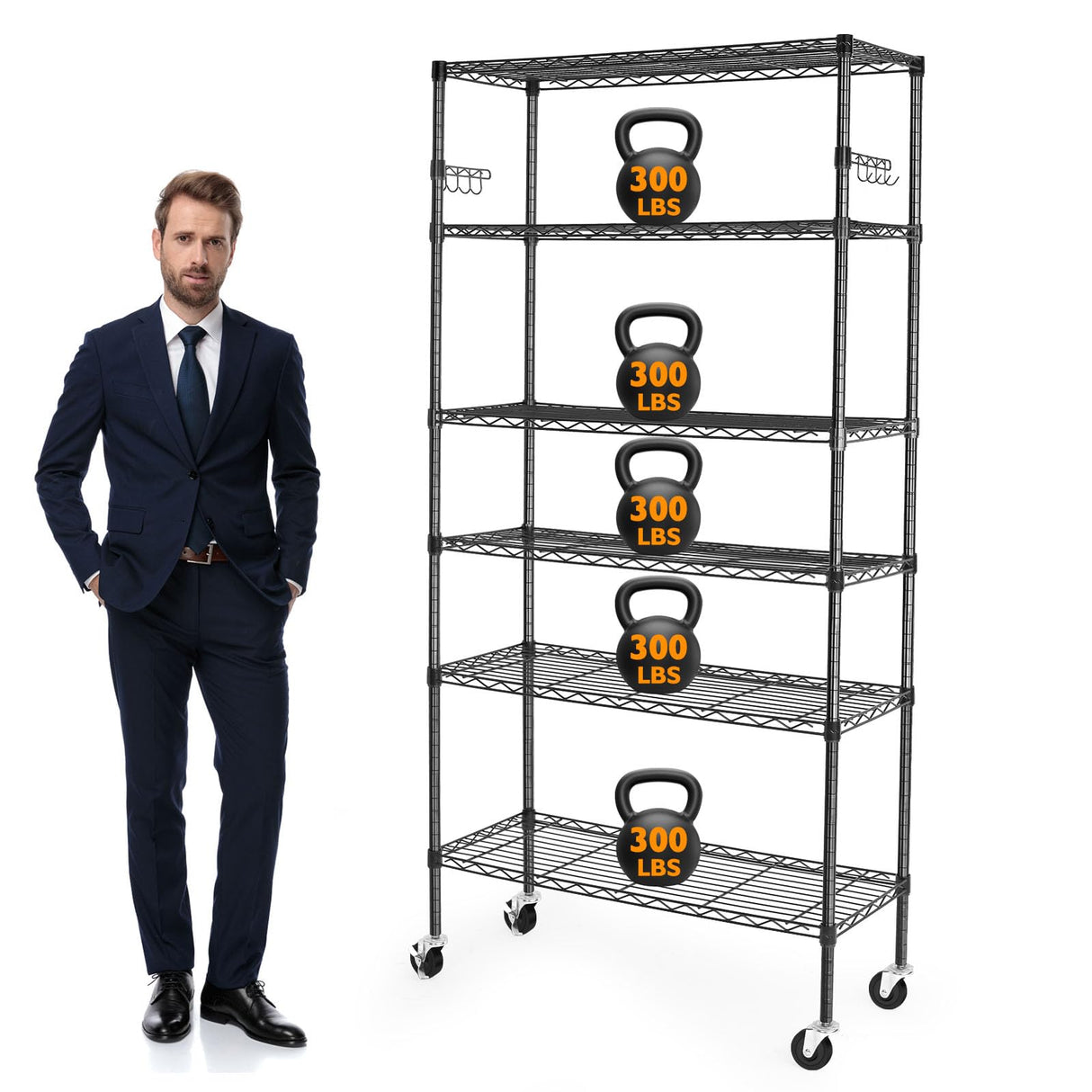 BolDuck 6 Tier Storage Shelves with Wheels, 2100lbs Capacity Heavy Duty Shelving Units, 14x36x75inch Adjustable Metal Shelf Wire Shelving Rack for Garage, Kitchen, Office, Black BolDuck