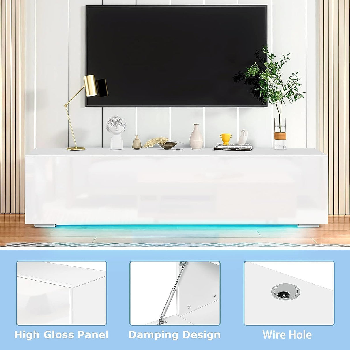 HOMMPA Floating TV Stand with Led Light for 63 Inch TVs Wall Mounted Led Entertainment Center with High Gloss Storage Modern Floor White Mounted Media Console for Living Room HOMMPA
