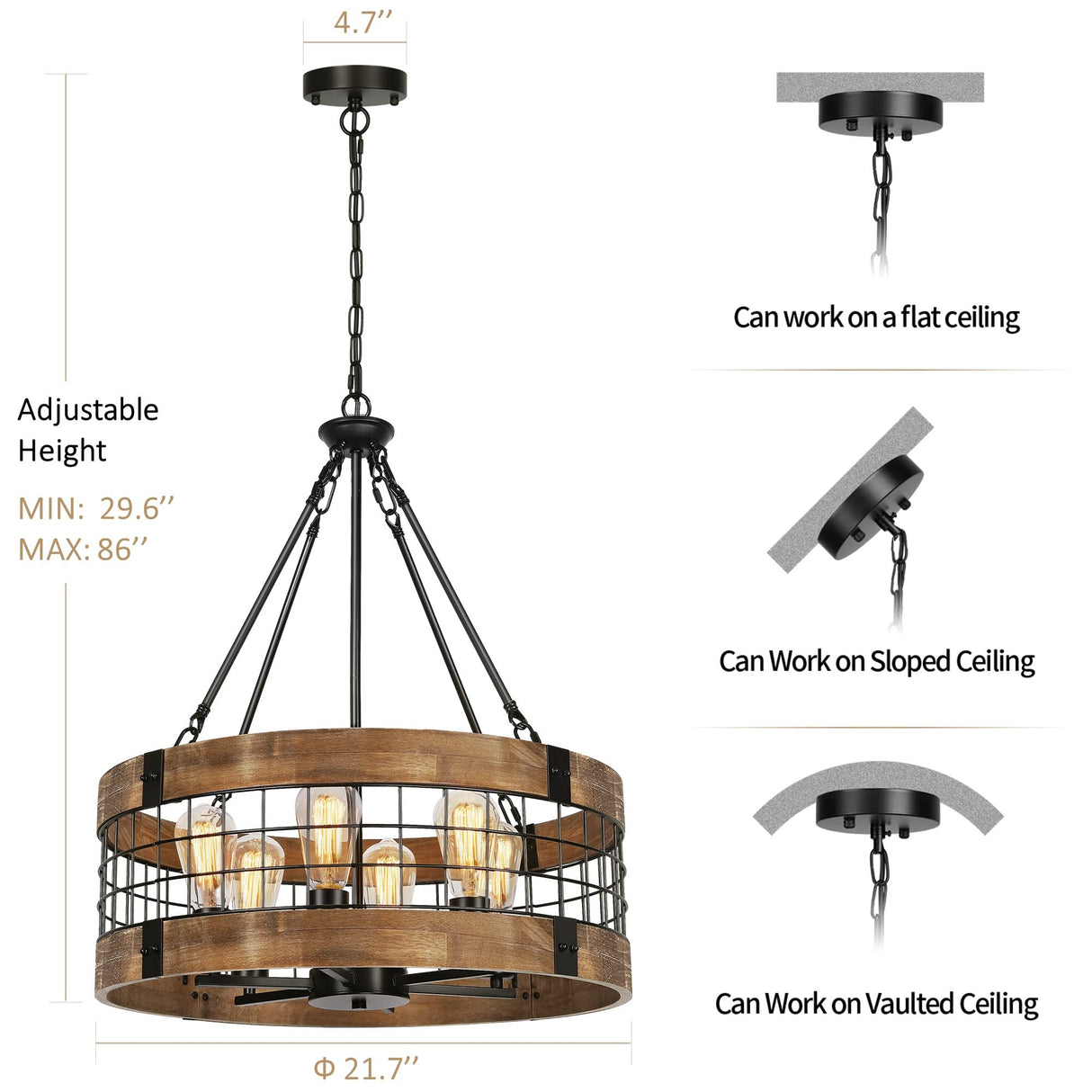 6-Light Farmhouse Wood Chandelier for Dining Room, Rustic Foyer Light Fixtures, Industrial Drum Hanging Lights for Kitchen Island Entryway, Nature Wood Texture and Black Metal Finish WOAEKR