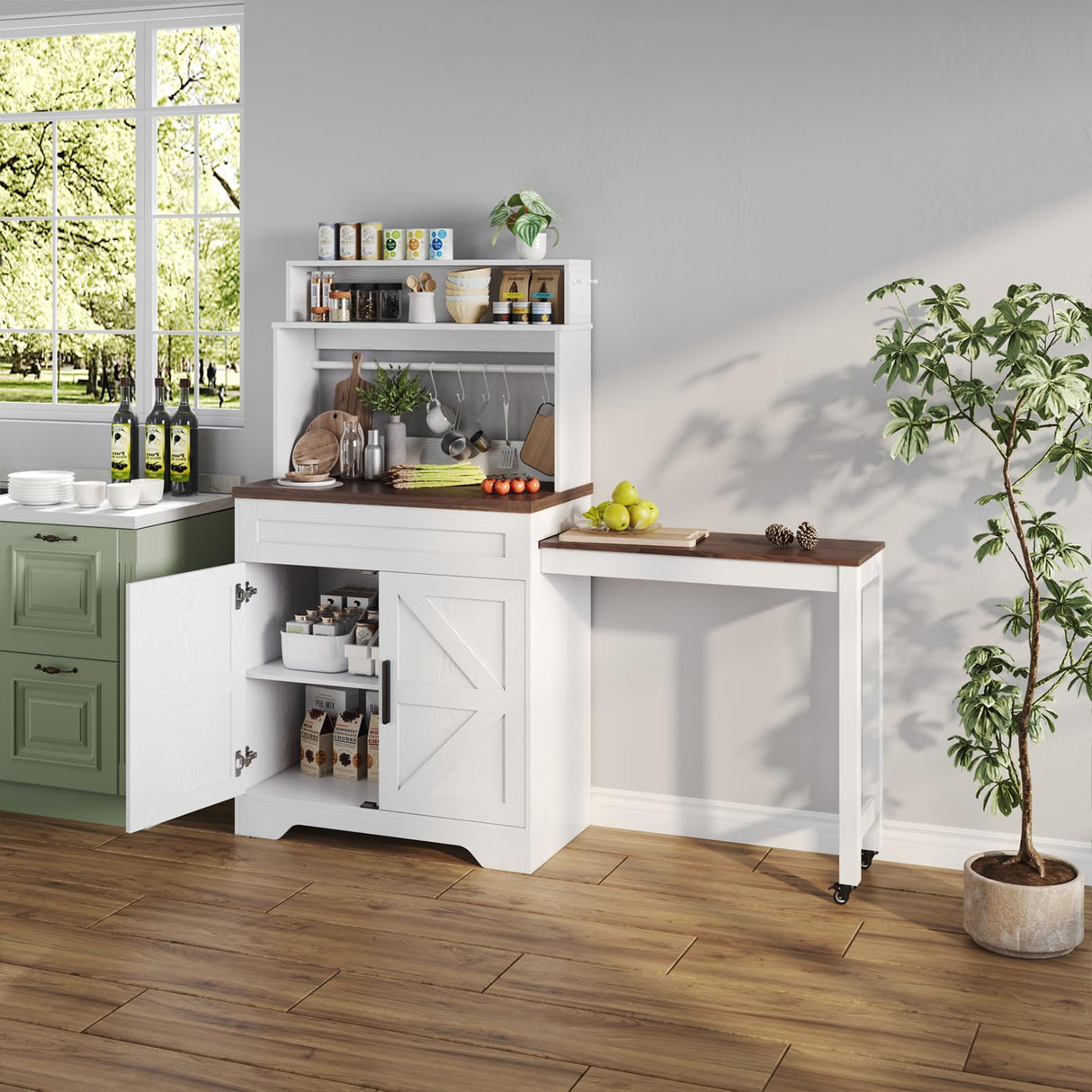 ANCTOR Coffee Bars Farmhouse Cabinet with Hutch, 56.7'' Extendable Kitchen Buffet Sideboard with 5 Hooks, Magnetic Note Zone Adjustable Shelves, White Wine Cabinet for Dining Room ANCTOR