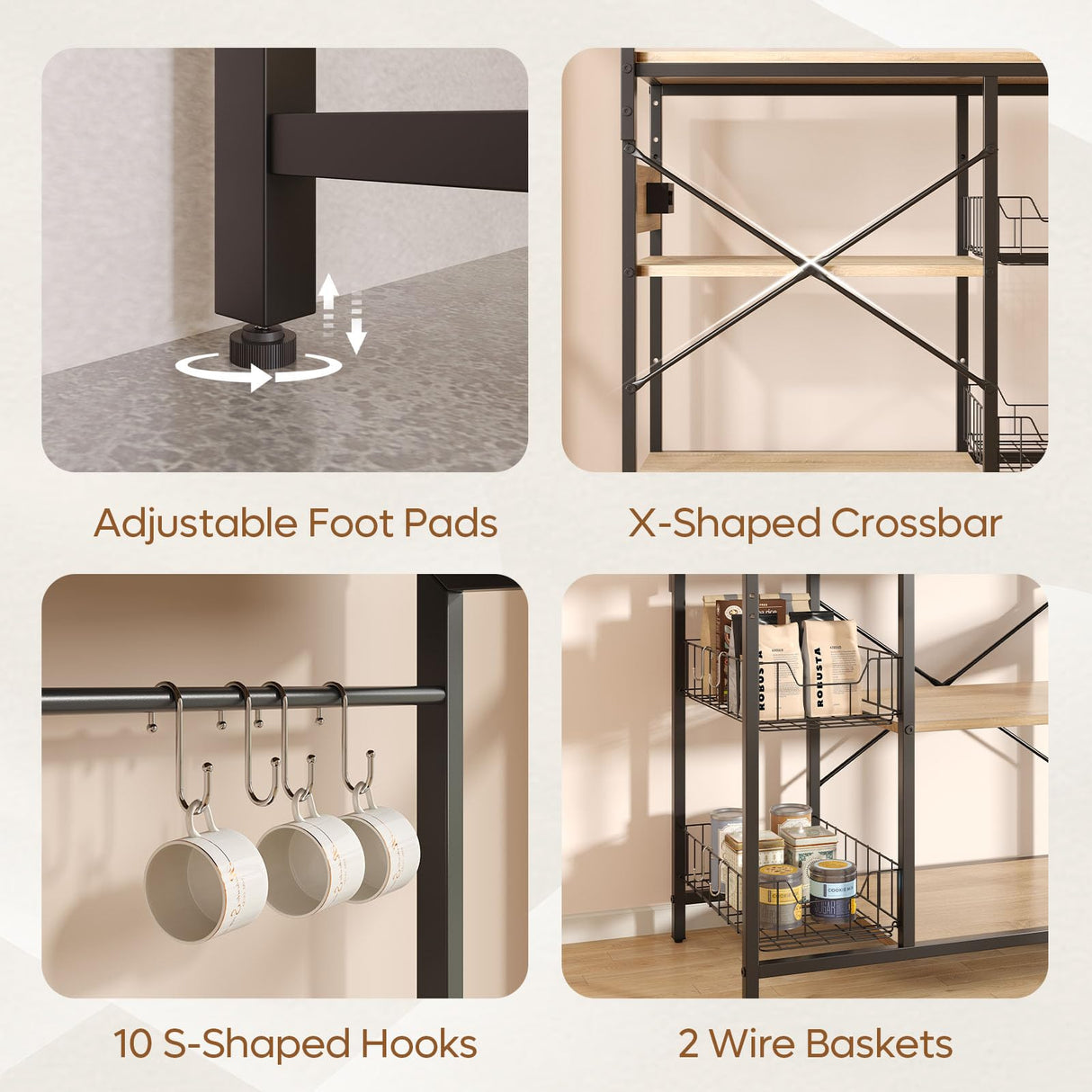 Bestier Oak Bakers Rack with Power Outlet and Storage Baskets - Microwave Stand & Coffee Bar Organizer Bestier