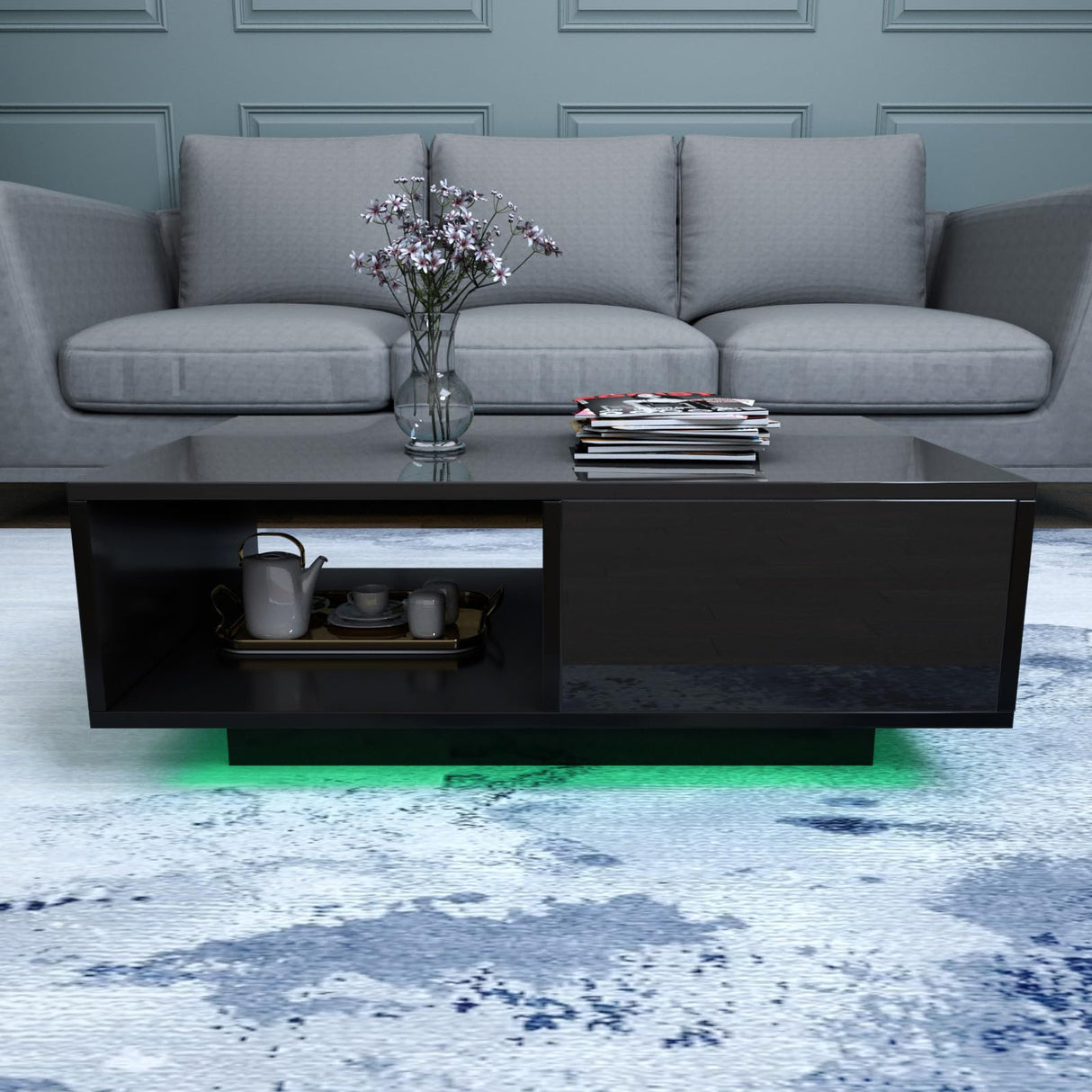 COSVALVE 43.3IN LED Black Coffee Tables for Living Room with 16 Colors LED Lights Modern Coffee Table with Storage Drawer Rectangle Center Table for Home Furniture COSVALVE