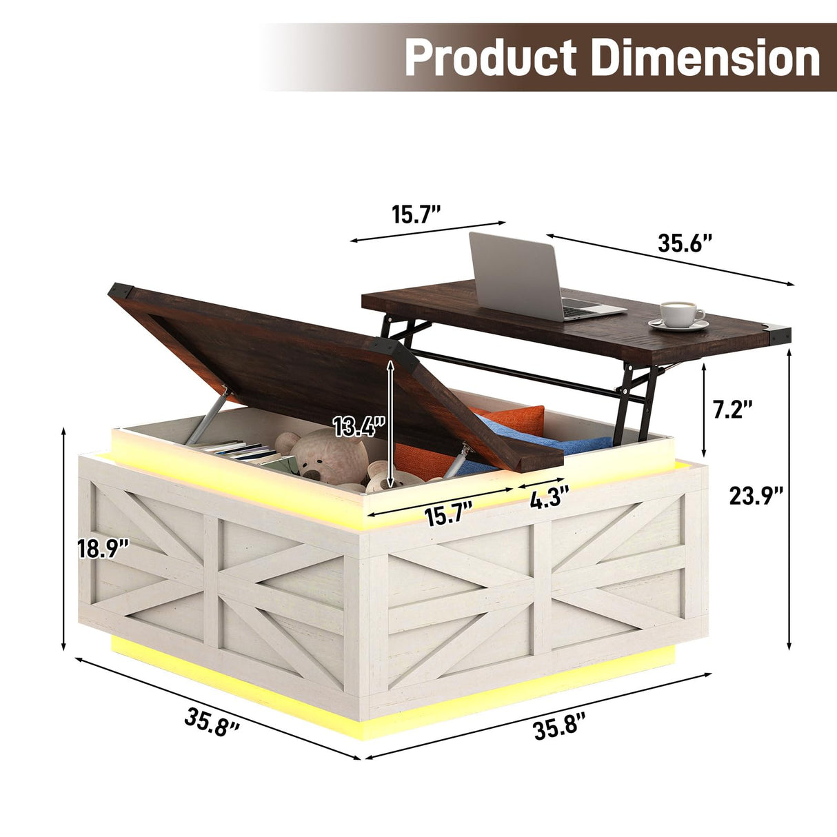 Large Farmhouse Lift Top Coffee Table with Hidden Storage Compartment, Wood Square Center Table with Charging Station&USB Ports for Living Room, White chartustriable