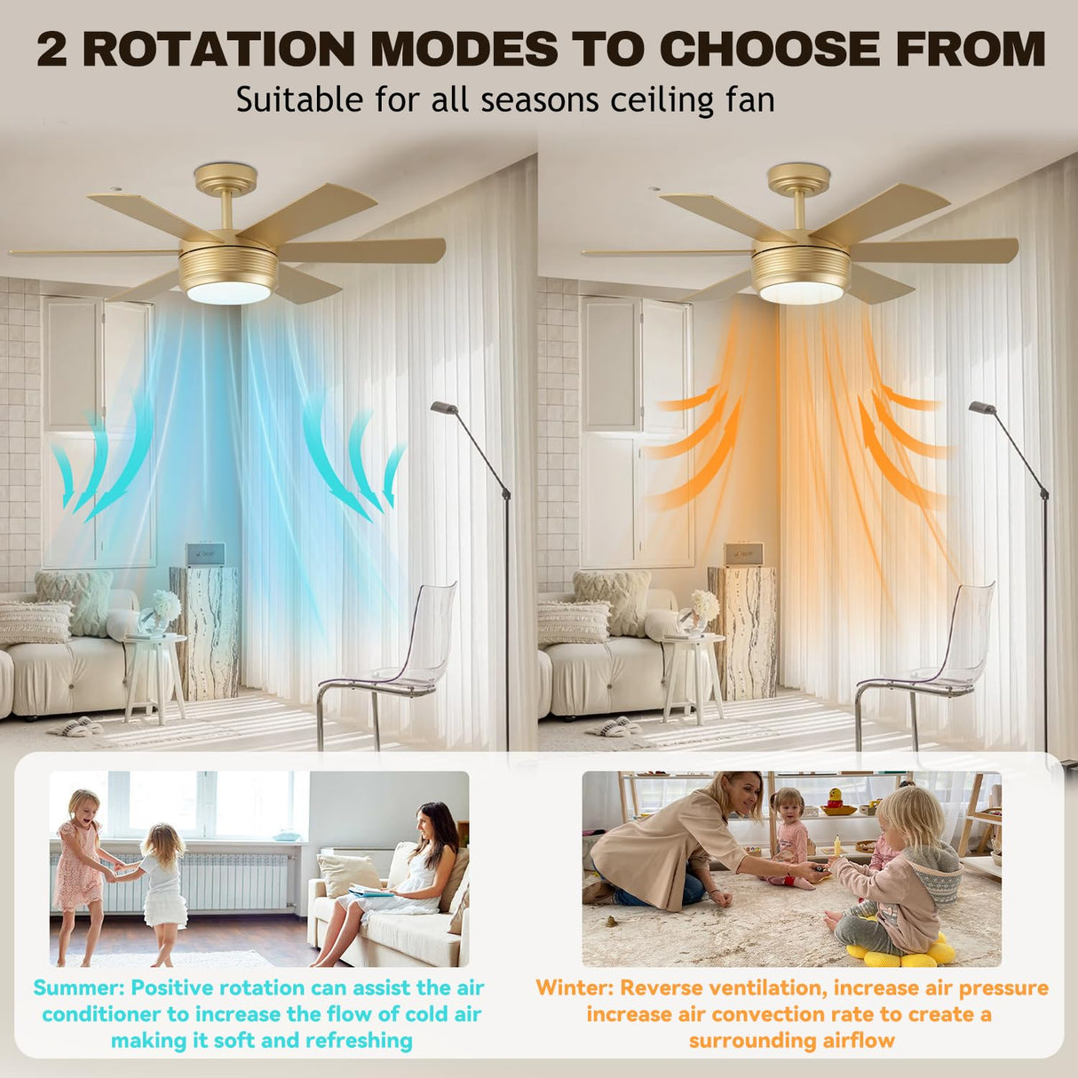 42 Inch Ceiling Fan with Lights and Remote, 6 Blade App Control Timer Reversible Stepless Brightness and Color Temperature Outdoor Wood Ceiling Fan with Lights (Gold, 42 Inch) SHOWDI