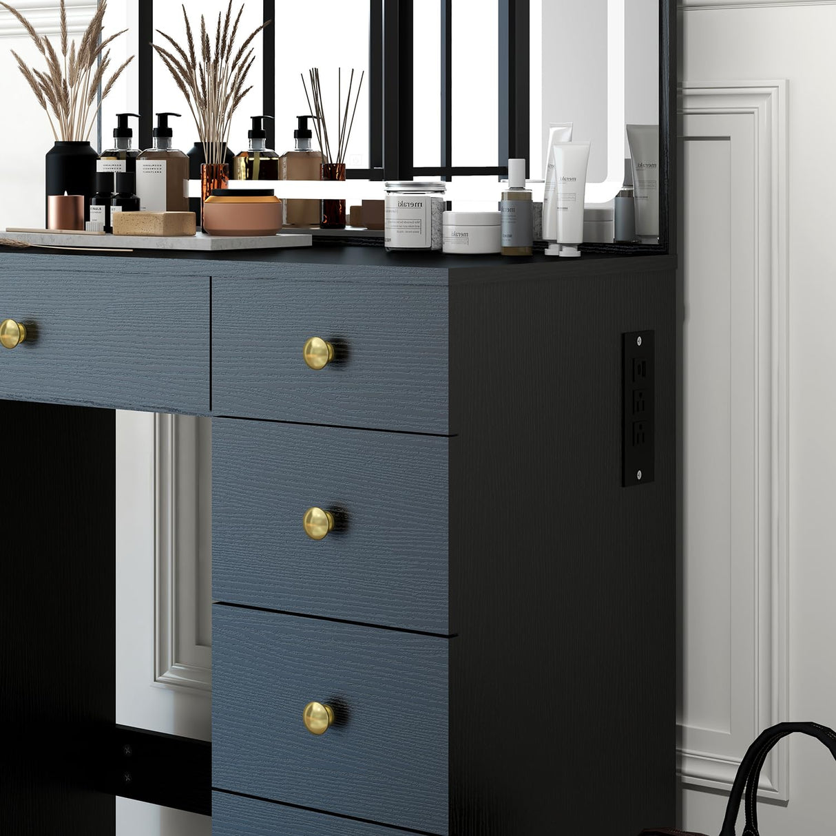 Makeup Vanity with Large Lighted Mirror, Vanity Desk with 5 Drawers Vanity Set with Power Outlet 3 Color Lighting Modes Dressing Table for Women Girls (Black) Panana