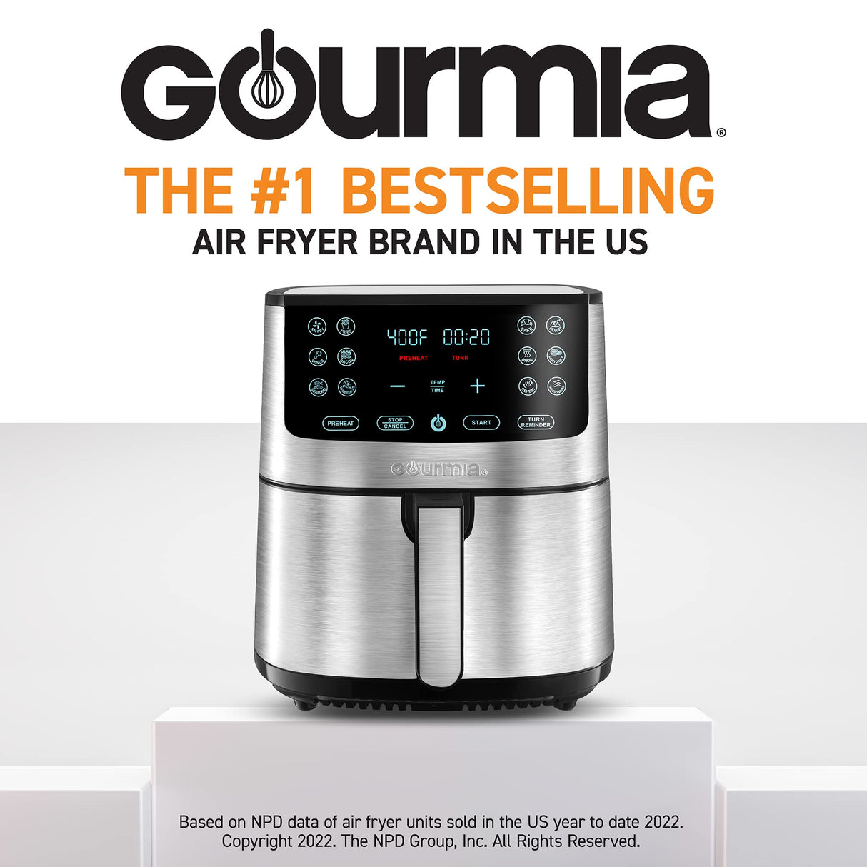 Gourmia Air Fryer Oven Digital Display 8 Quart Large AirFryer Cooker 12 Touch Cooking Presets, XL Air Fryer Basket 1700w Power Multifunction GAF838 Black and stainless steel air fryer Gourmia