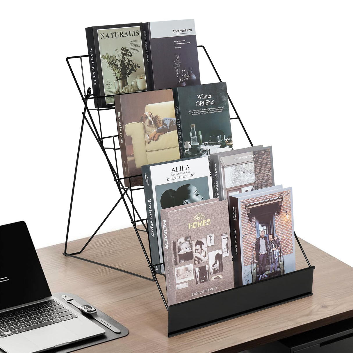 ybaymy 6-Tier 18" Wide Metal Wire Magazine Rack,Table Top Book Display Stand with Sign Channel,Collapsible Commercial Display Holder for Comic,Greeting Card,Literature,Trade Show,Art Print ybaymy