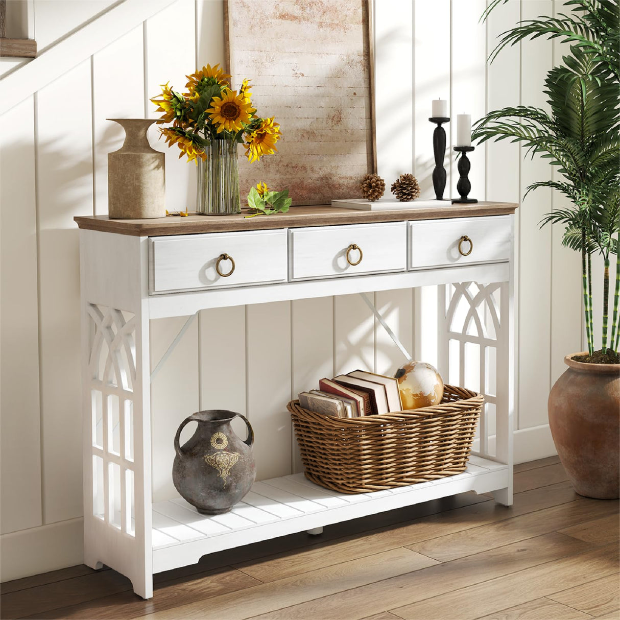 funitydg,43" Console Tables for Entryway with Drawers, Farmhouse Entryway Table with Shelf, Narrow Long Entry Table with Solid Wood Legs, Rustic Vintage Sofa Foyer Tables for Entryway, White funitydg