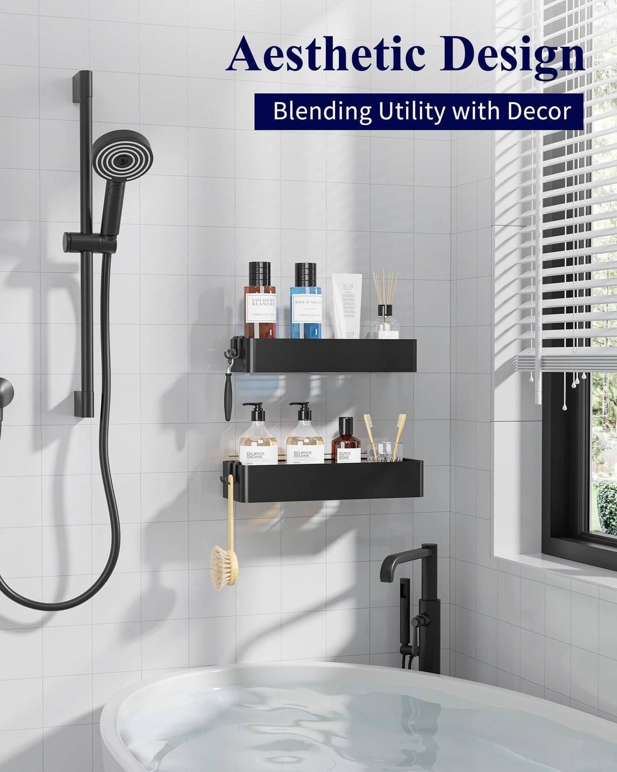 Kitsure Shower Caddy - 2 Pack Adhesive Shower Organizer, Rustproof Metal Shelves, No-Drill Bathroom Organizers and Storage, Black, Large Kitsure