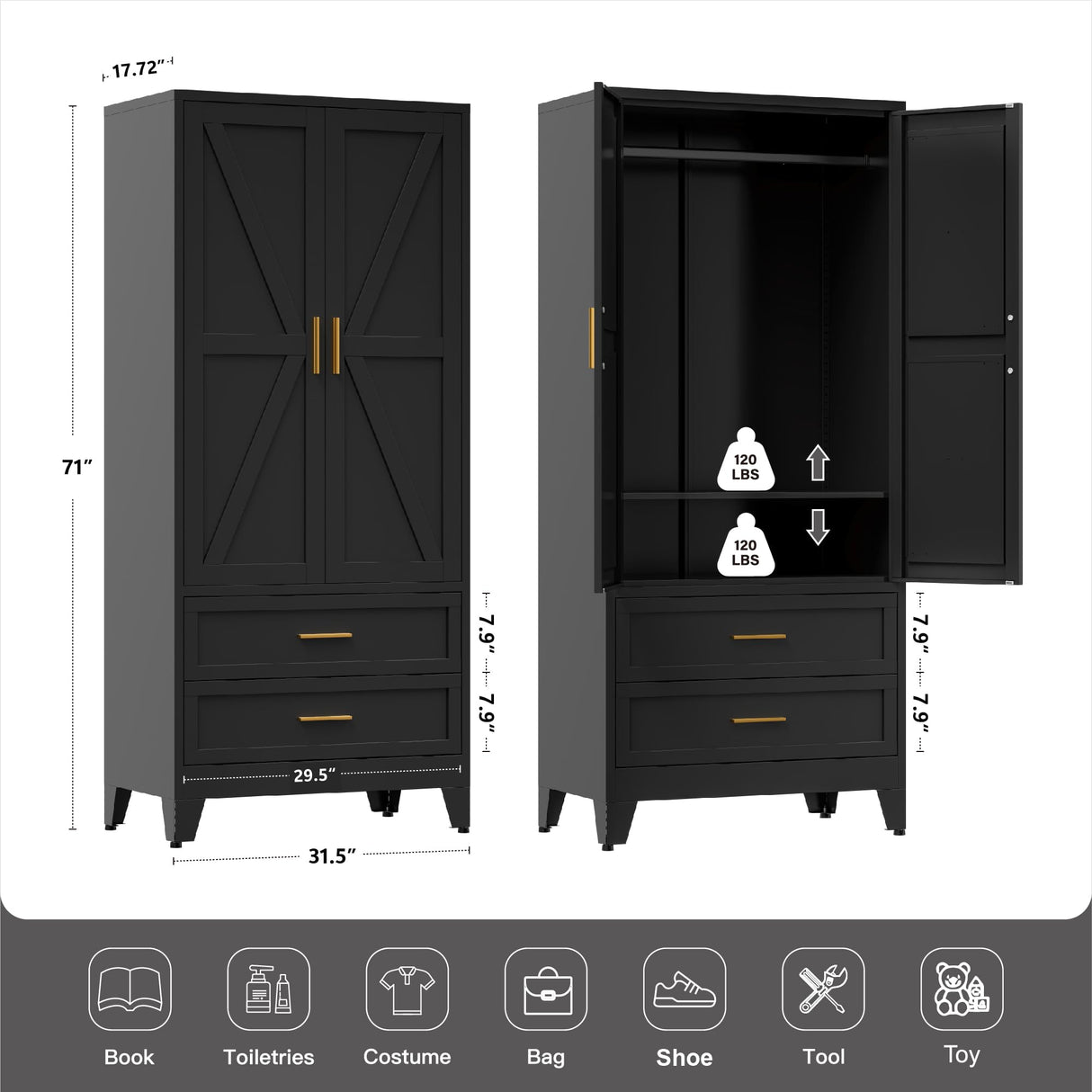 LCAOPC 71" Tall Metal Wardrobe Cabinet with 2 Drawers and Hanging Rod, 2 Doors Armoire Wardrobe Closet with Shelf for Bedroom, Office, Laundry Room, Black LCAOPC