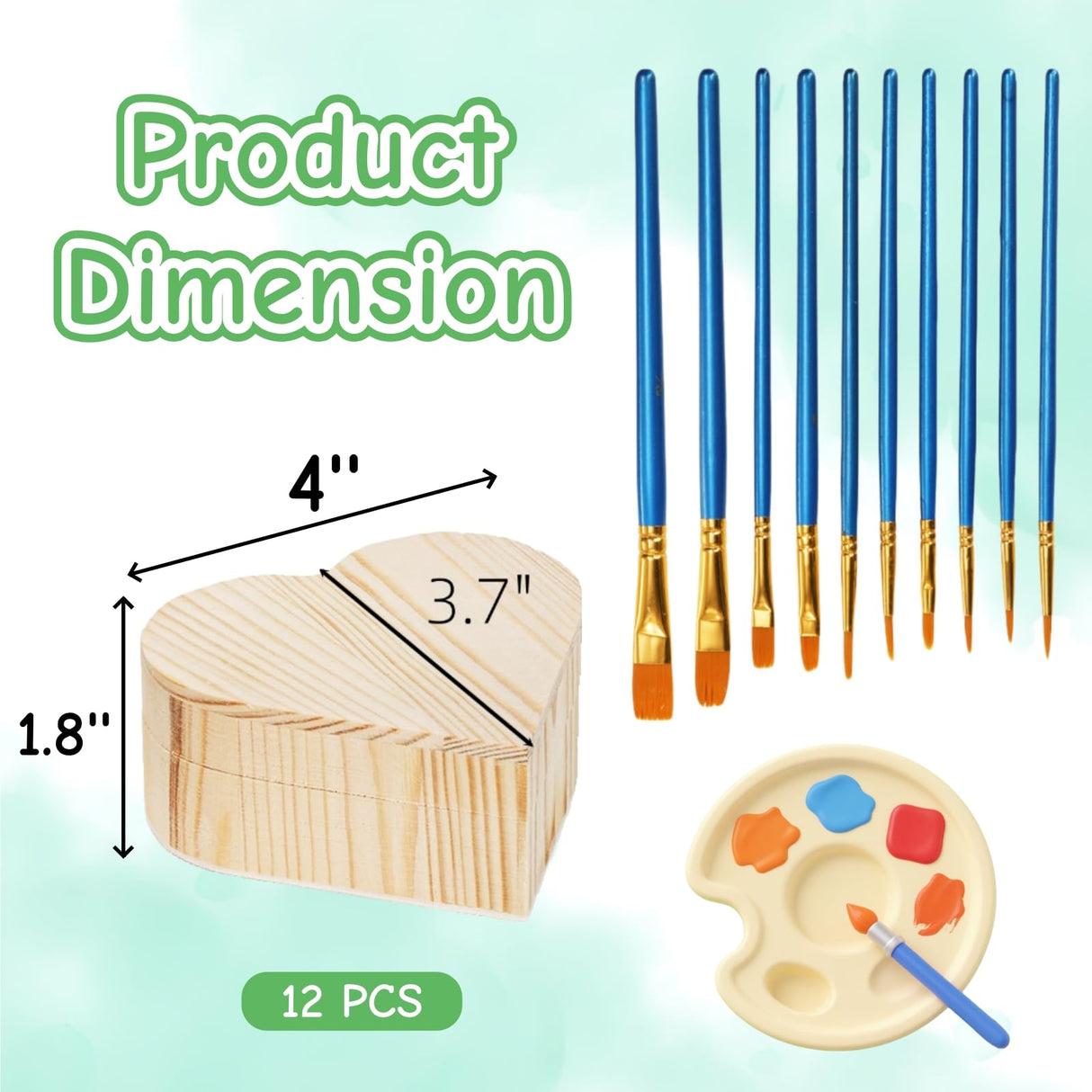 Acshio 12 Pack Unfinished Wood Heart Box, Unpainted DIY Treasure Chest with 10 Pcs Paint Brushes, Wooden Heart Shaped Storage Box Jewelry Box with Lid for Art Craft Painting Making Acshio