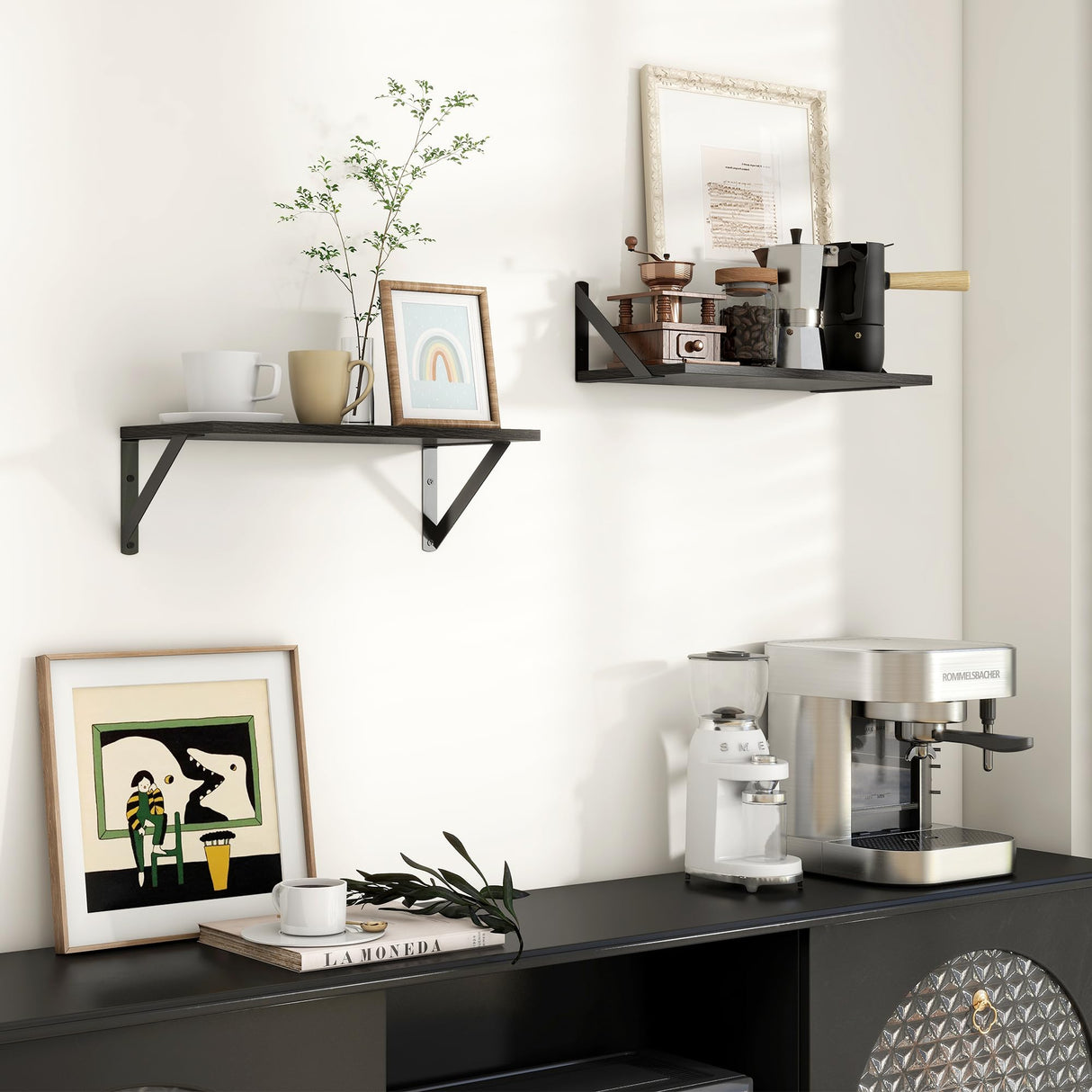 Axeman Floating Shelves for Wall, 8 Inch Deep Black Floating Shelves Set of 2, 16W x 8D Wall Mounted Black Shelves for Bookshelf Living Room Bedroom Home Office Bathroom - Black Axeman