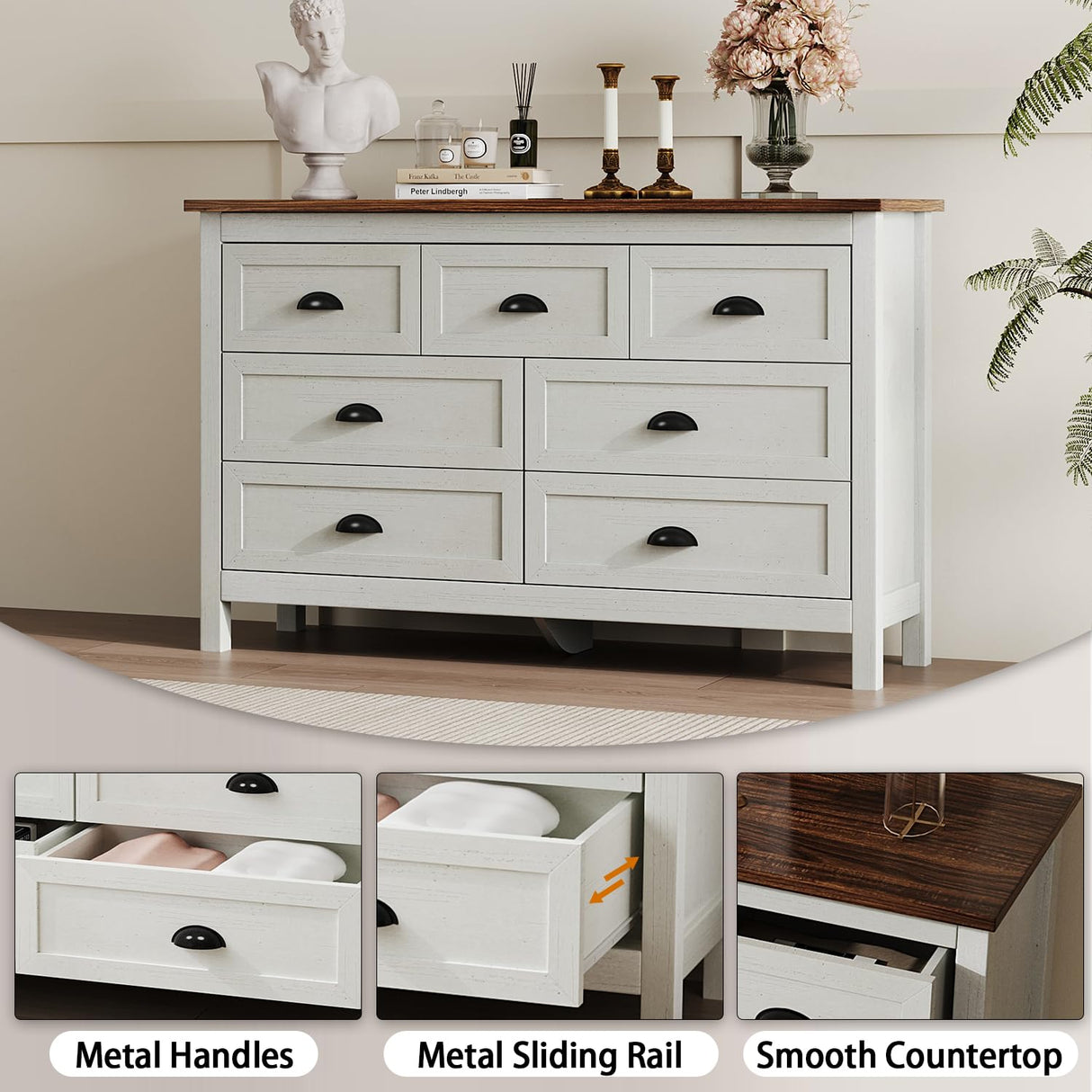 HOUROM Farmhouse White Dresser for Bedroom, Wide Wood Dressers & Chests of Drawers with Vintage Black Handle, 7 Drawer Dresser for Bedroom Hallway, Entryway, Antique White HOUROM