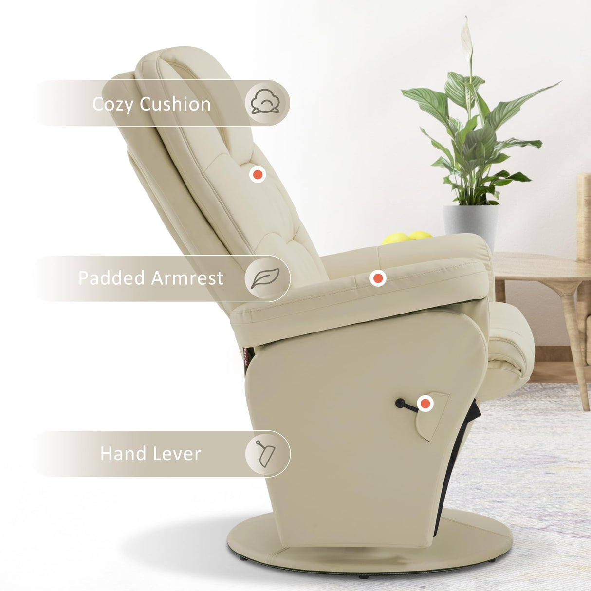 MCombo Swivel Glider Recliner with Ottoman, Reclining Chair with Adjustable Back, Faux Leather Upholstered Lounge Chair for Living Room Bedroom 4800 (Cream White) MCombo