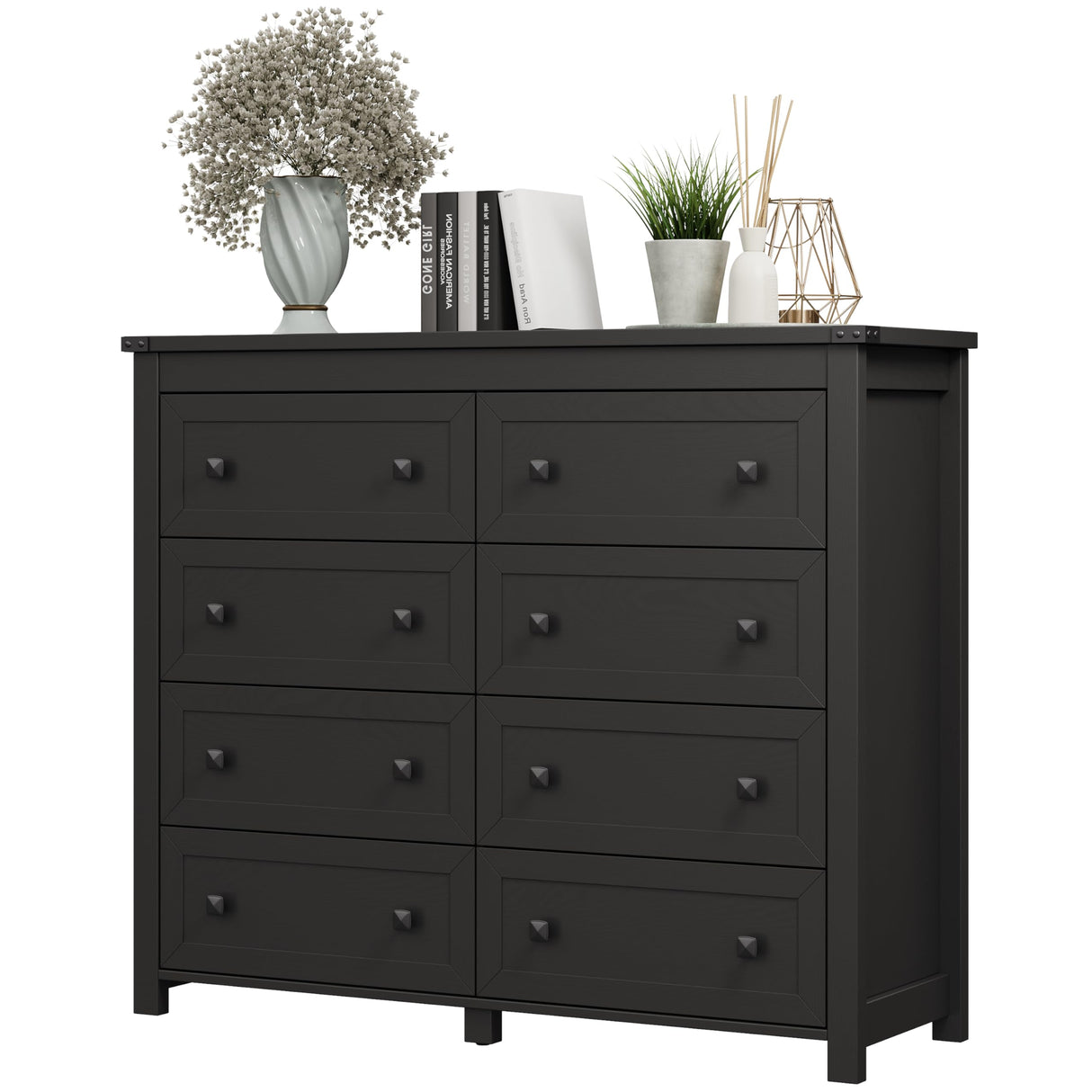 Dresser for Bedroom with 8 Drawers, Farmhouse Wood Chest of Drawers, Wide TV Stand Closet Storage Furniture with Metal Handle, Modern Clothes Organizer for Hallway, Living Room, Entryway, Black Xixini