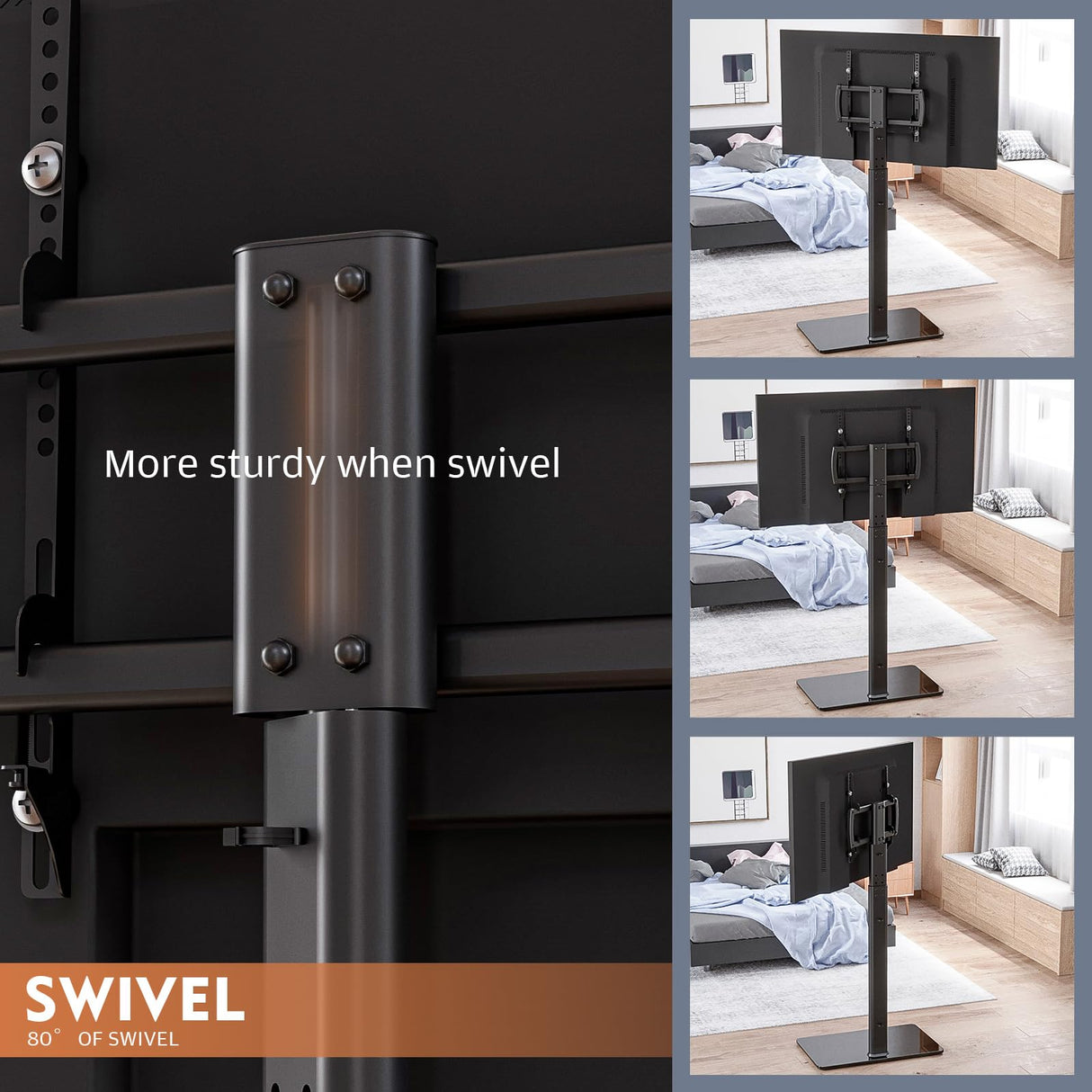 Universal Floor TV Stand with Mount 80 Degree Swivel Height Adjustable and Space Saving Design for Most 27 to 65 inch LCD, LED OLED TVs, Perfect for Corner & Bedroom HT1002B Hemudu