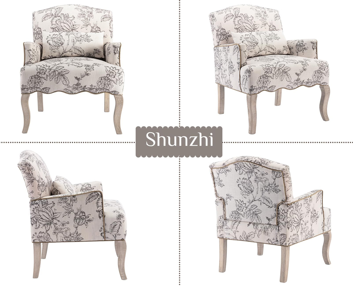 Shunzhi Floral Accent Chairs Farmhouse Upholstered Armchair Linen Reading Chair Mid Century Modern Single Sofa Chair with Pillow for Bedroom/Living Room/Fireplace, Beige, 1PC Shunzhi