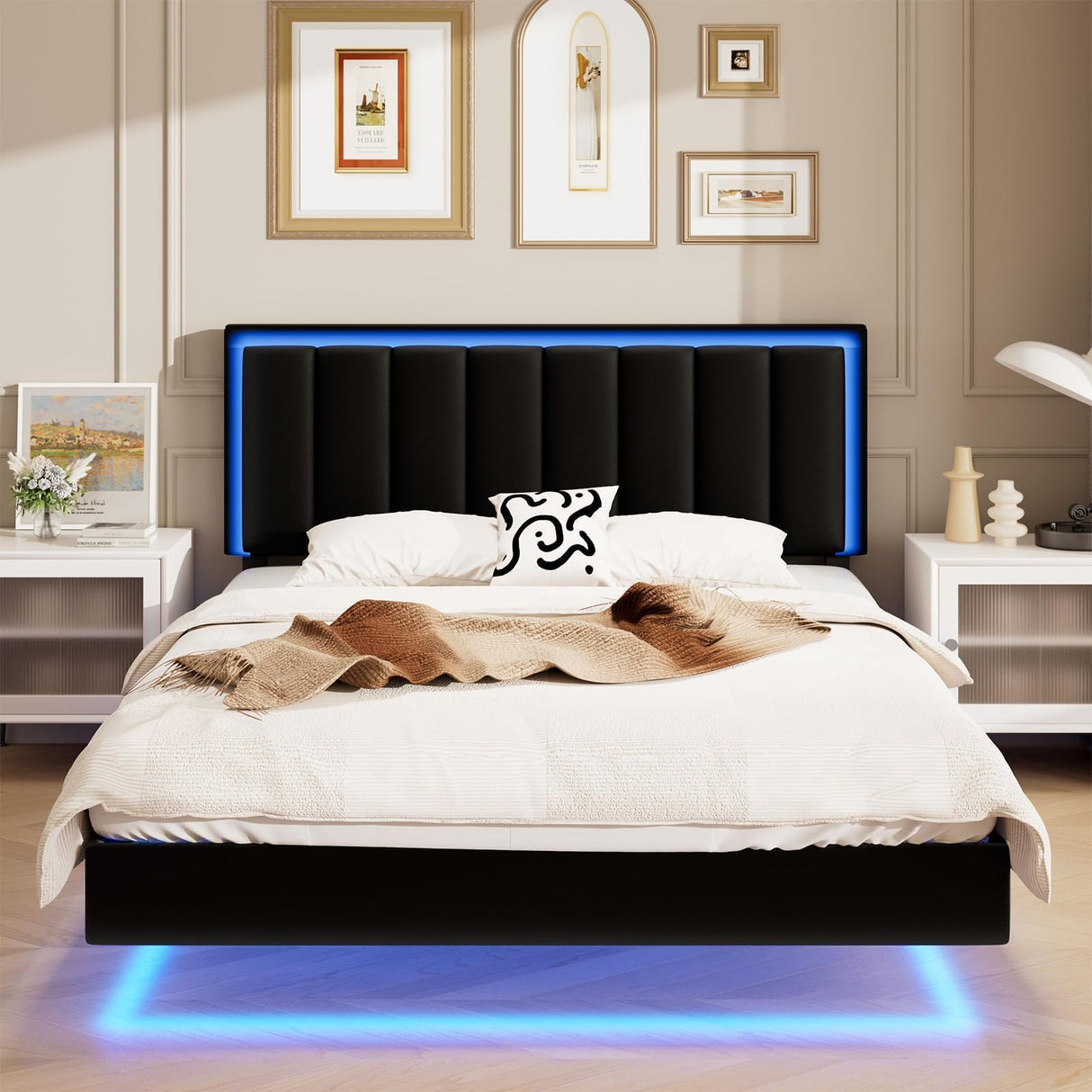 IMMERSTABLE Floating Full Bed Frame with LED Lights, Upholstered Bed Frame Full with Headboard, Solid Wood Slats Support, Full Size Bed Frame No Box Spring Needed, Noise-Free, Easy Assembly, Black IMMERSTABLE