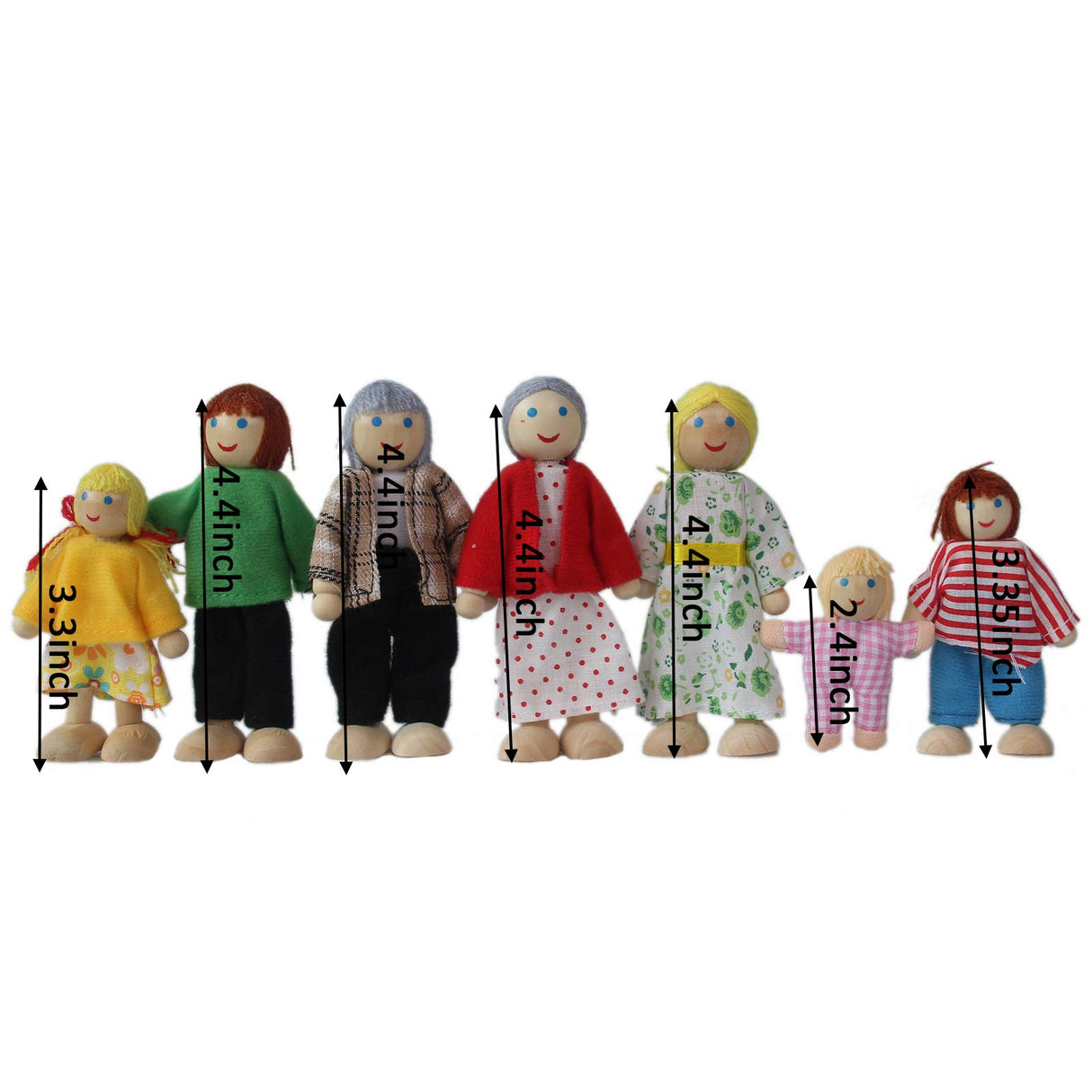 Wooden Doll House Family, 7 Miniature Figures - Dress-Up Characters: Grandpa, Grandma, Mom, Dad, Boy, Girl Yeooyoor