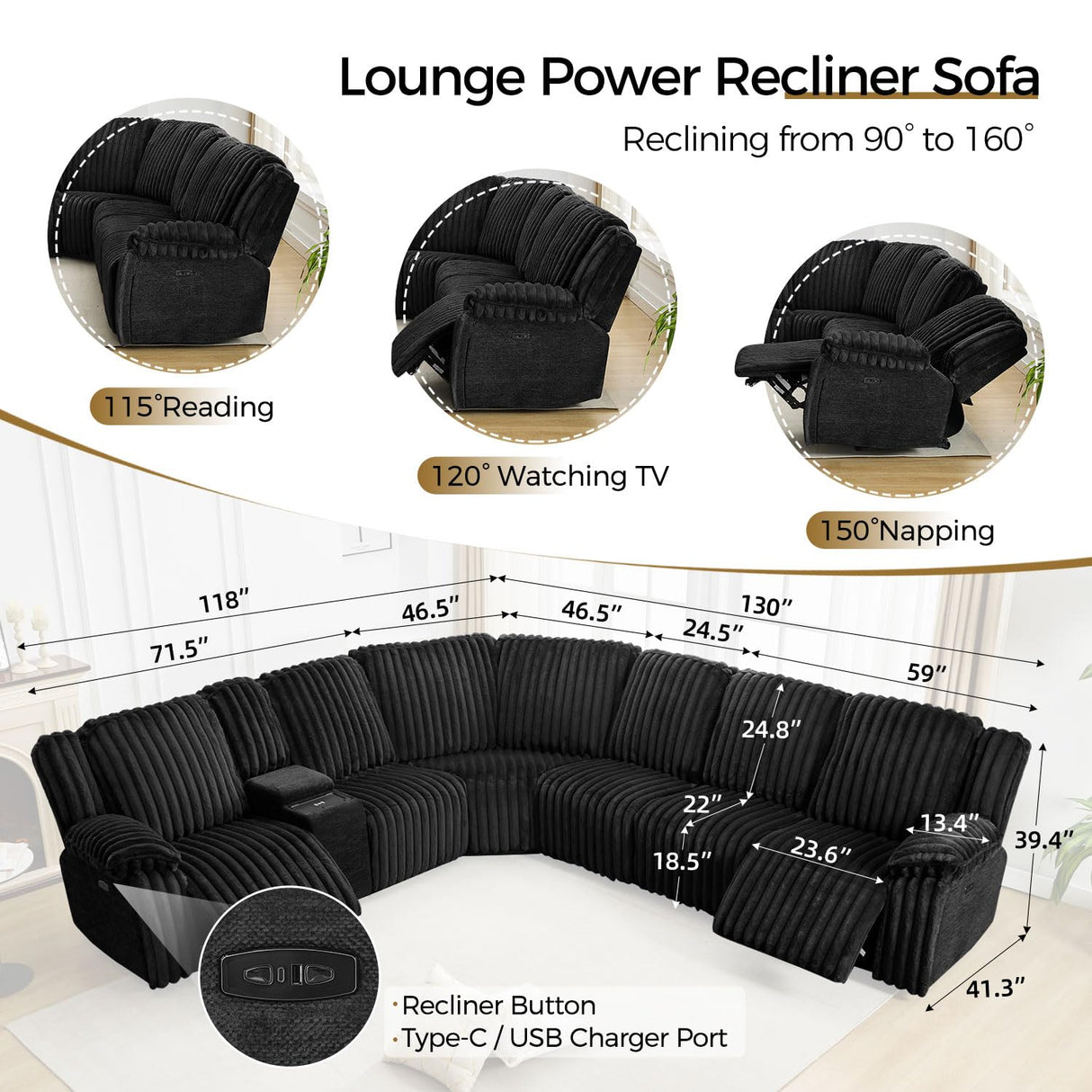 Power Electric Reclining Sectional Sofa with Wireless Charger for Living Room, Plush Faux Fur Sectional Couch with Recliner, 6 Seaters Comfy Recliner Corner Sectionals Sets with Cup Holders, Black Comfort Stretch