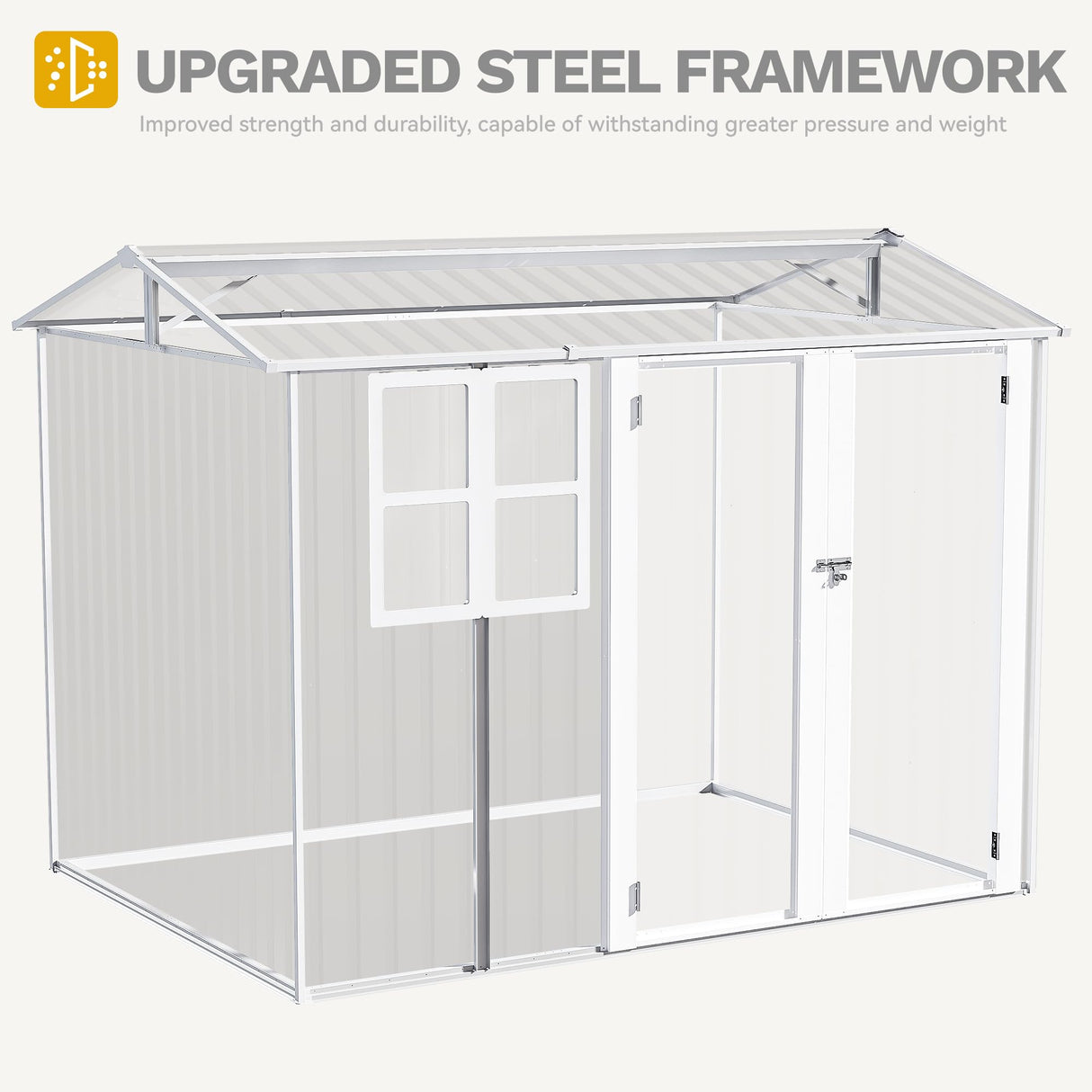 DWVO 8x6ft Metal Tool Shed with Window, Outdoor Storage Shed for Backyard, Lawn, and Patio, Heavy-Duty Storage Unit with Four Vents & Lockable Door for Storing Tools, Equipment, Gray & White DWVO