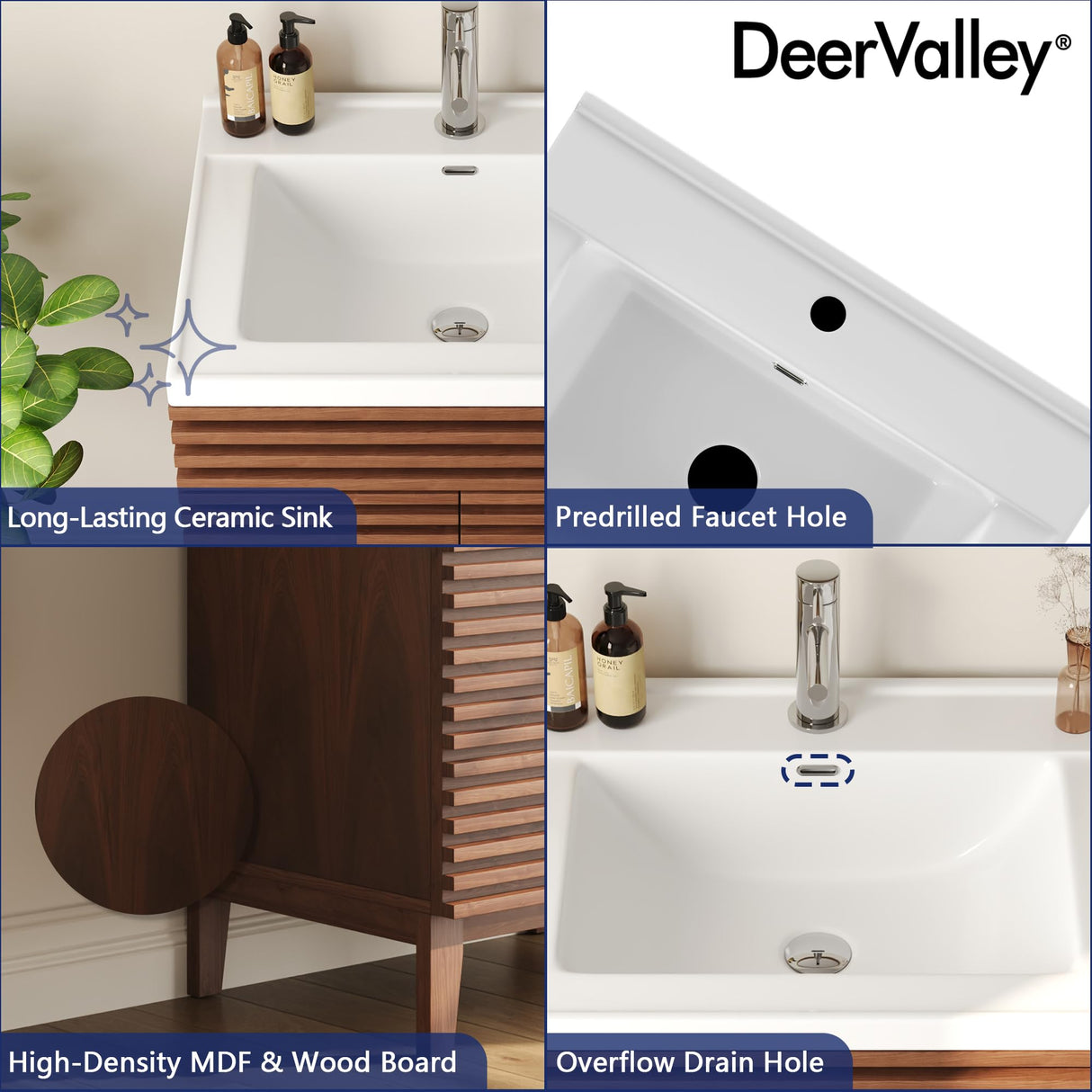 DeerValley DV-1BV0151NW 24" Bathroom Vanity with Ceramic Sink Top, Pre-Assembled Mid-Century Wood Bathroom Cabinet Sink Combo in Walnut White Deer Valley
