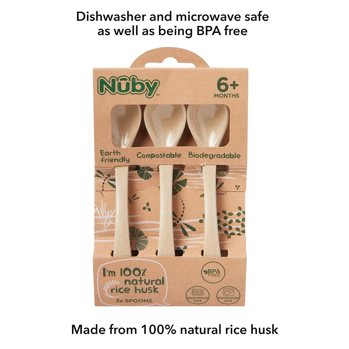 Nuby Rice Husk 3 Piece Spoon Set - Eco-Friendly Set - 100% Compostable and Biodegradable - 6+ Months Nuby