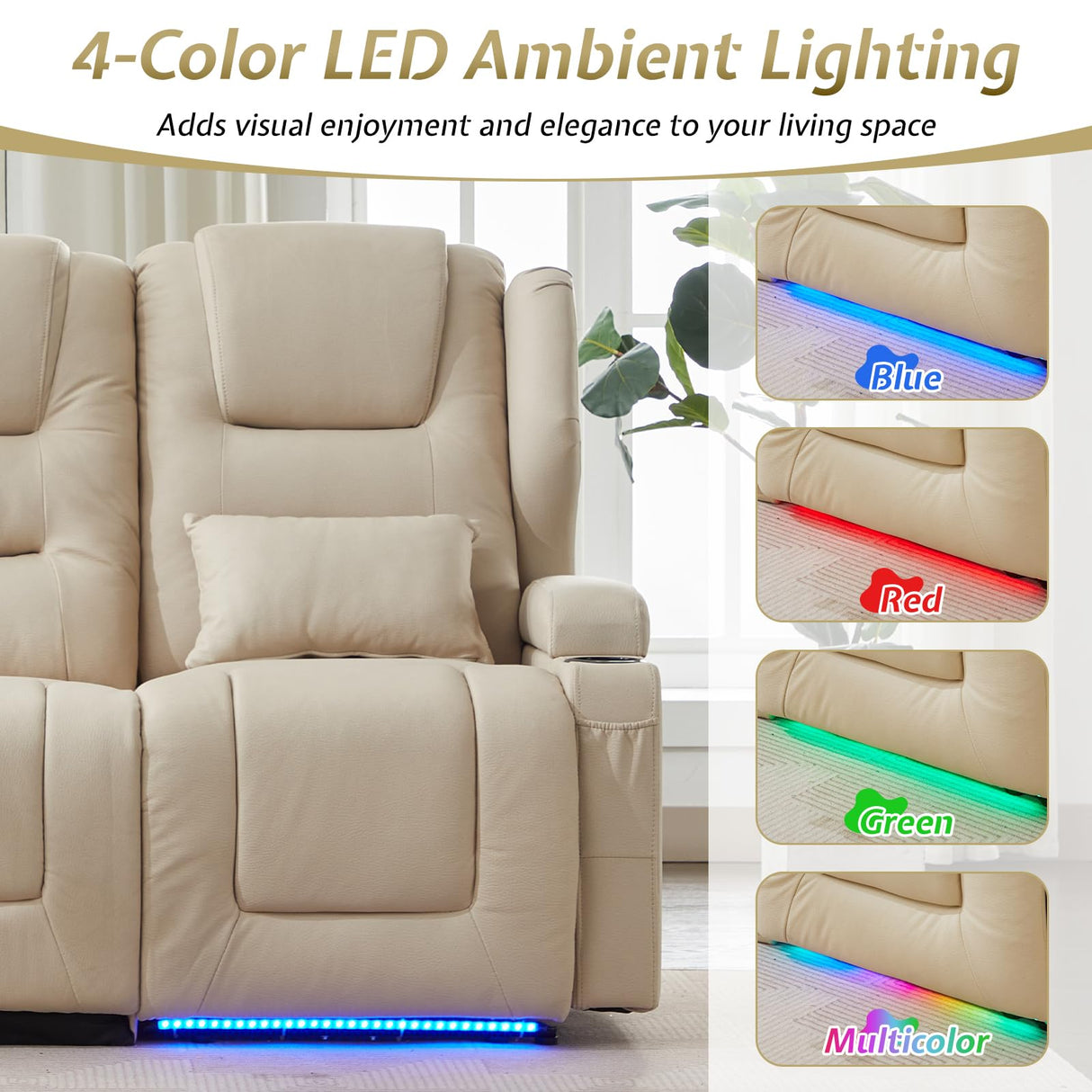 SAMERY Power Loveseat Recliner Sofa with Adjustable Split Back, Multi-Port Charger, Flip-Up Backrest & LED Lighting - Home Theater Seating with Storage, Cup Holders, Beige Fabric Loveseat Recliner SAMERY