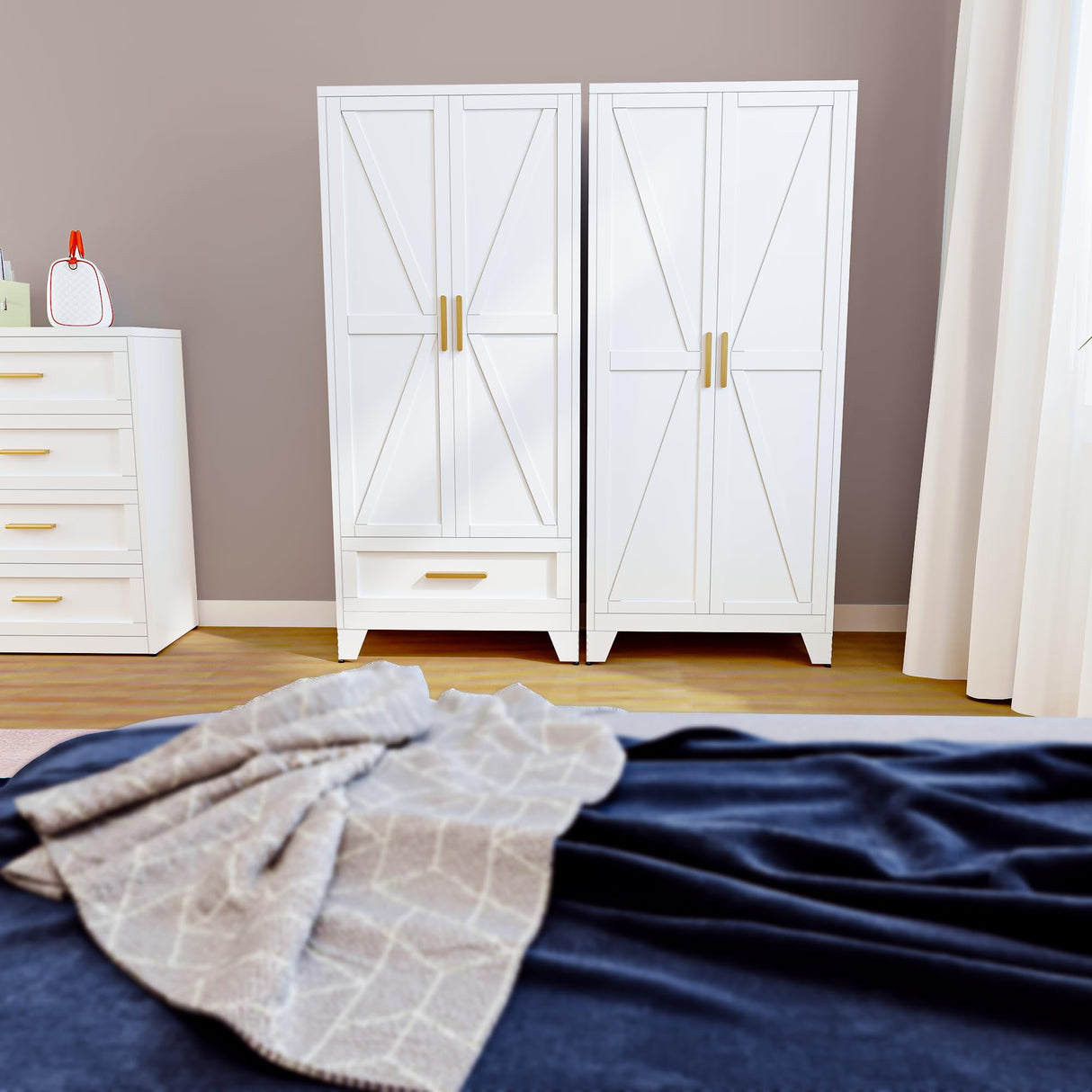 Washsemba 71'' Farmhouse Metal Wardrobe Cabinet with Hanging Rod, 2 Barn Door Wardrobe Closet with Adjustable Shelves,Drawer,for Dining Room,Bedroom,Living Room, Cloak Room,Office (White) Washsemba