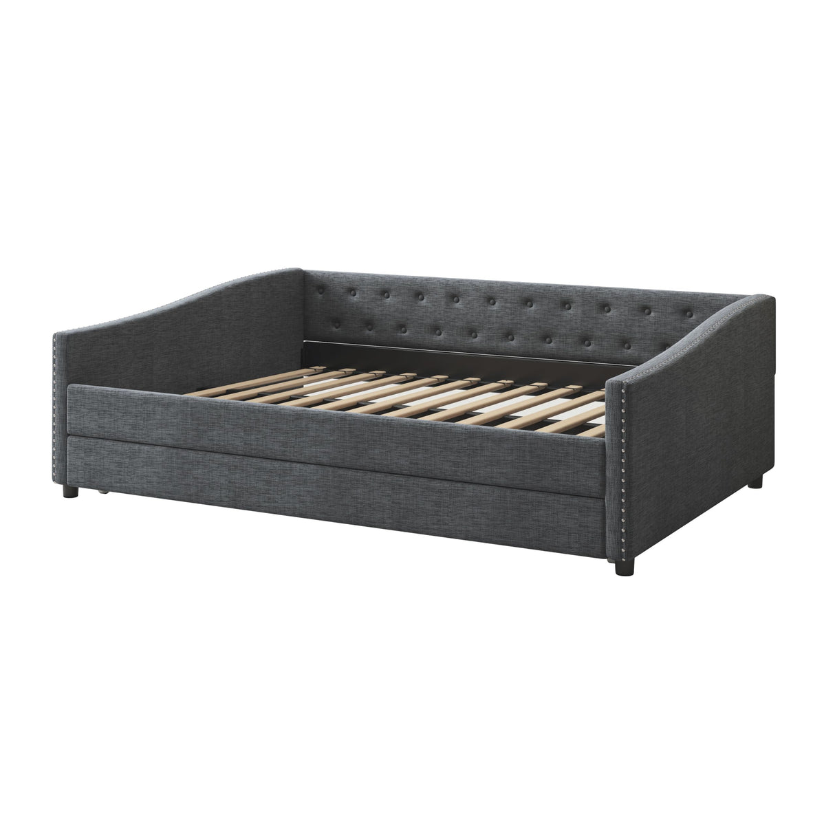 FAVSH Full Size Upholstered Daybed with Trundle,Tufted Sofa Bed w/Button on Back and Piping on Waved Shape Arms for Bedroom Guest Room, No Box Spring Needed,Dark Grey FAVSH